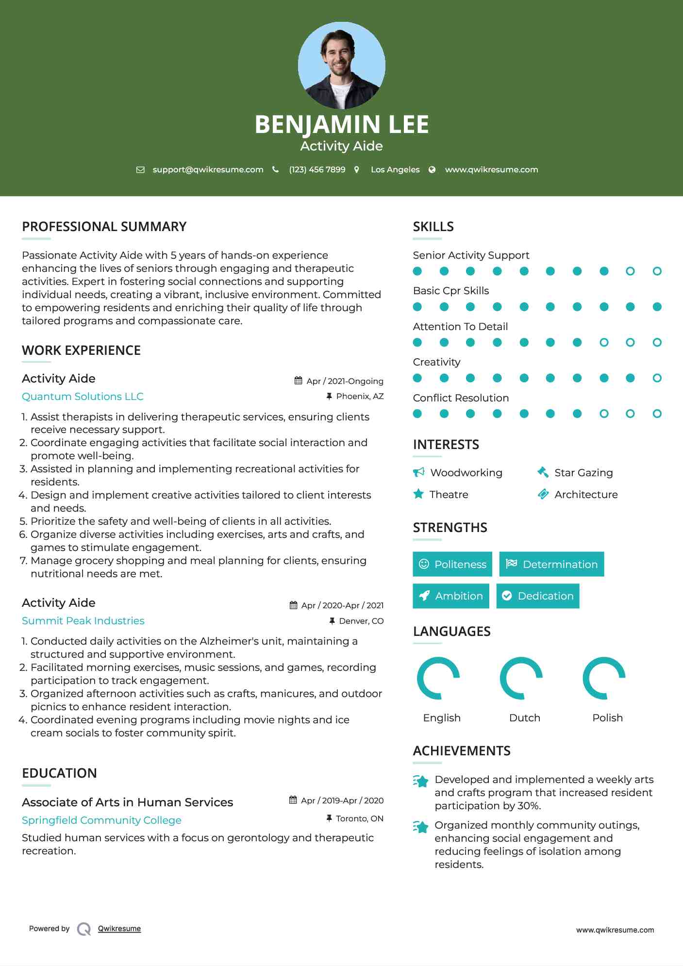 Activity Aide Resume Example