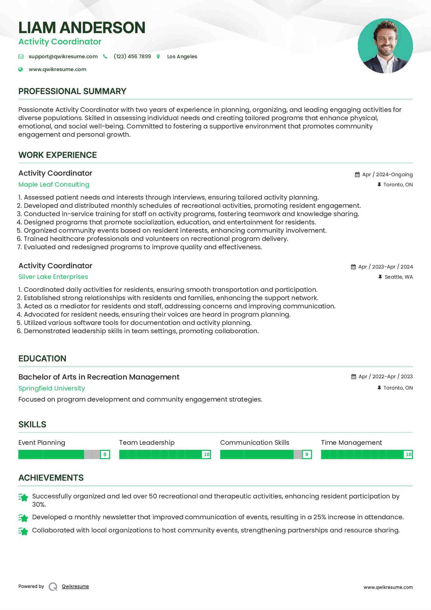 Activity Coordinator Resume Sample