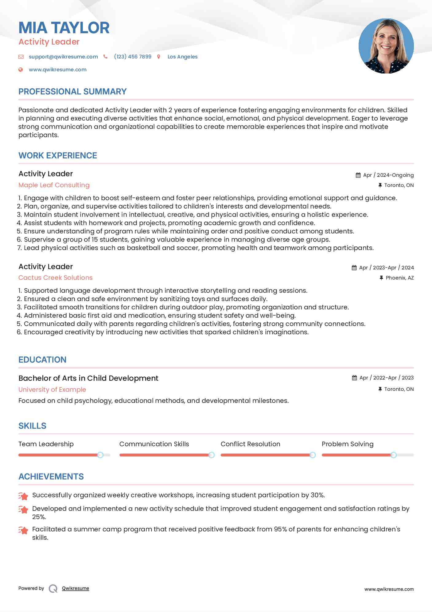 Activity Leader Resume Sample