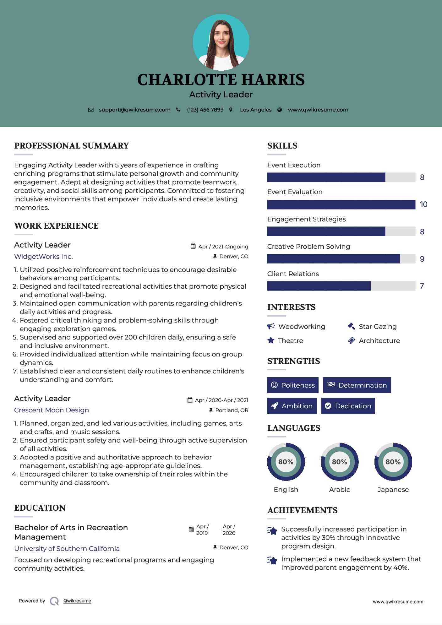 Activity Leader Resume Example