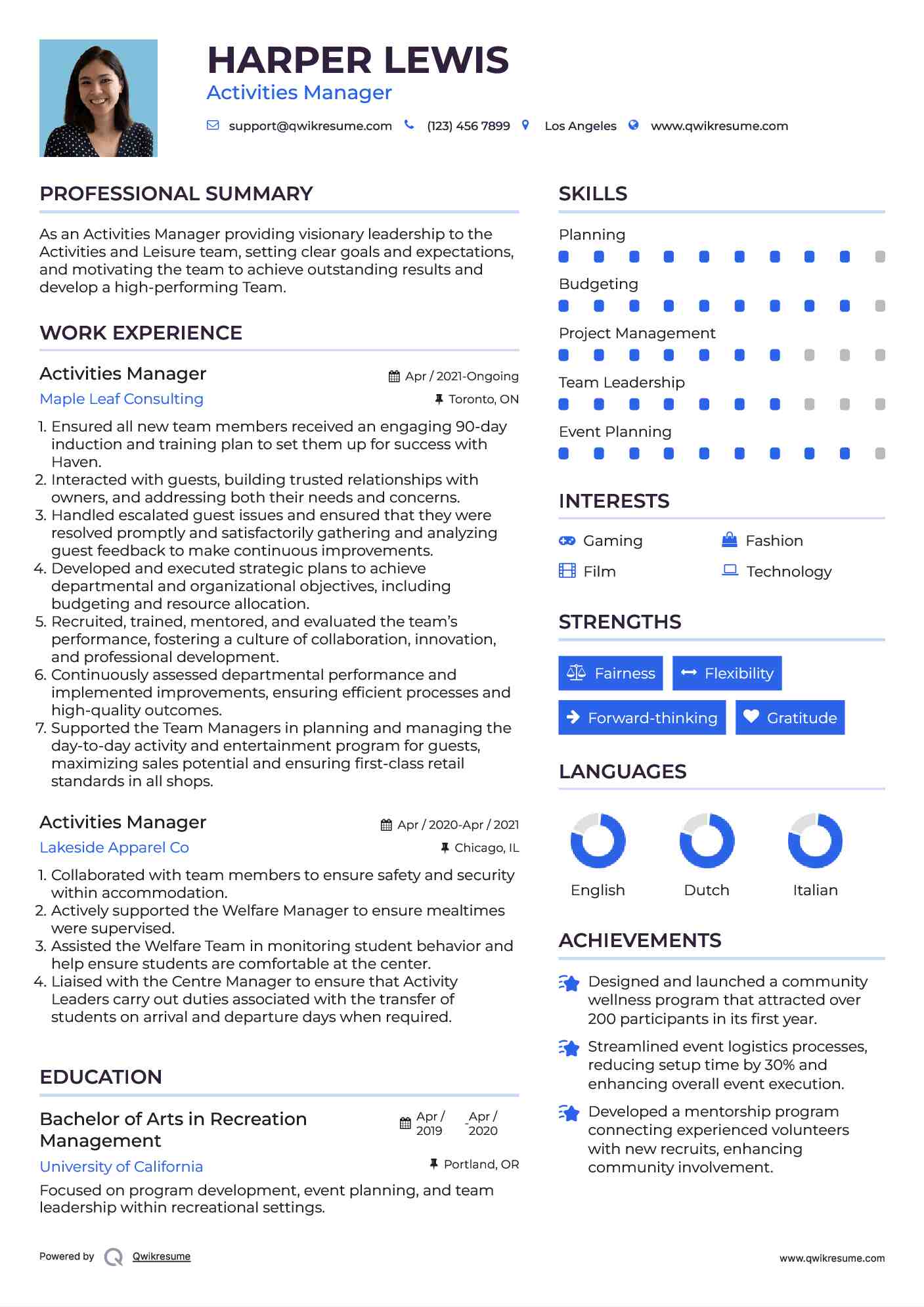 Activities Manager Resume Model