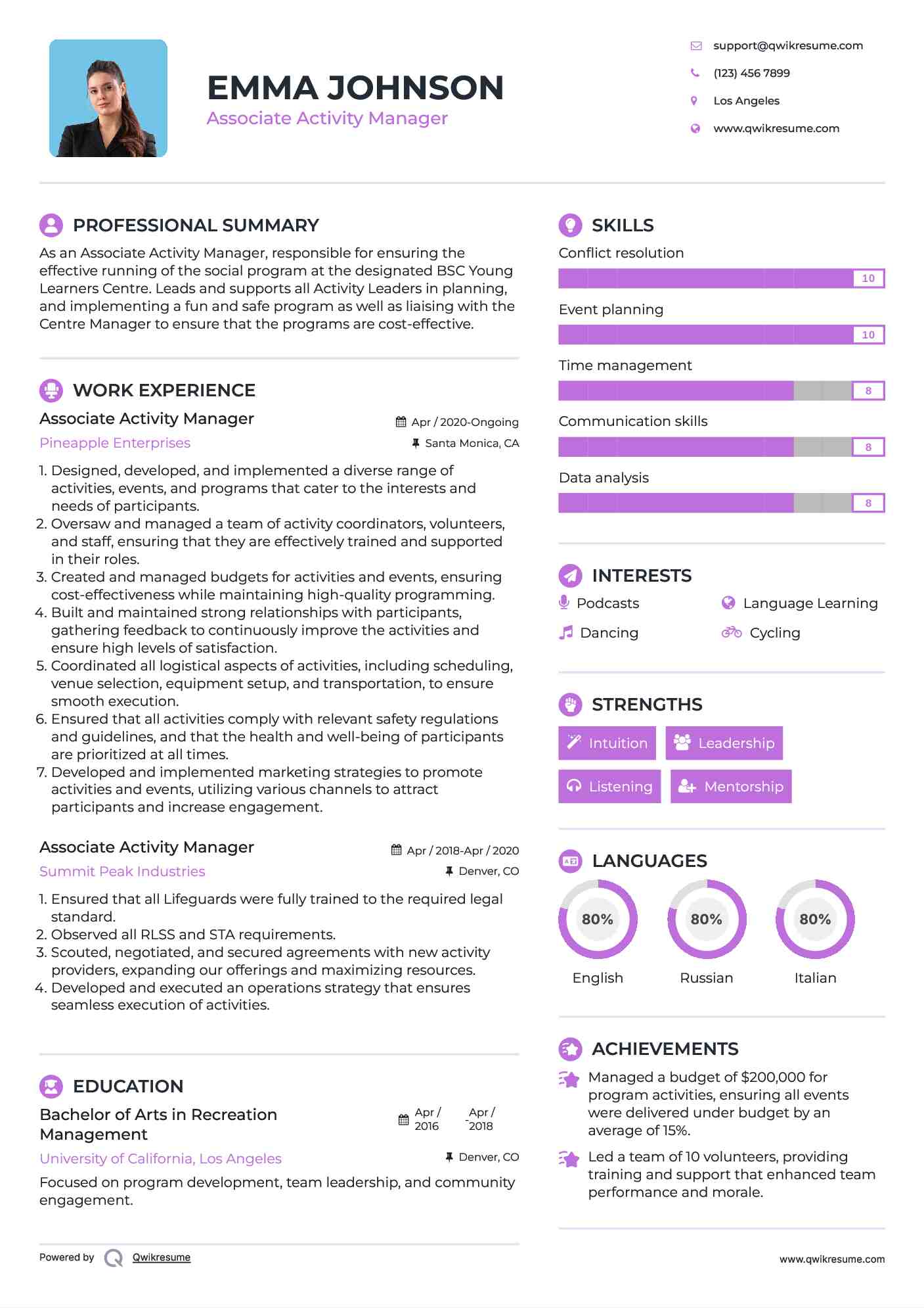 Associate Activity Manager Resume Example