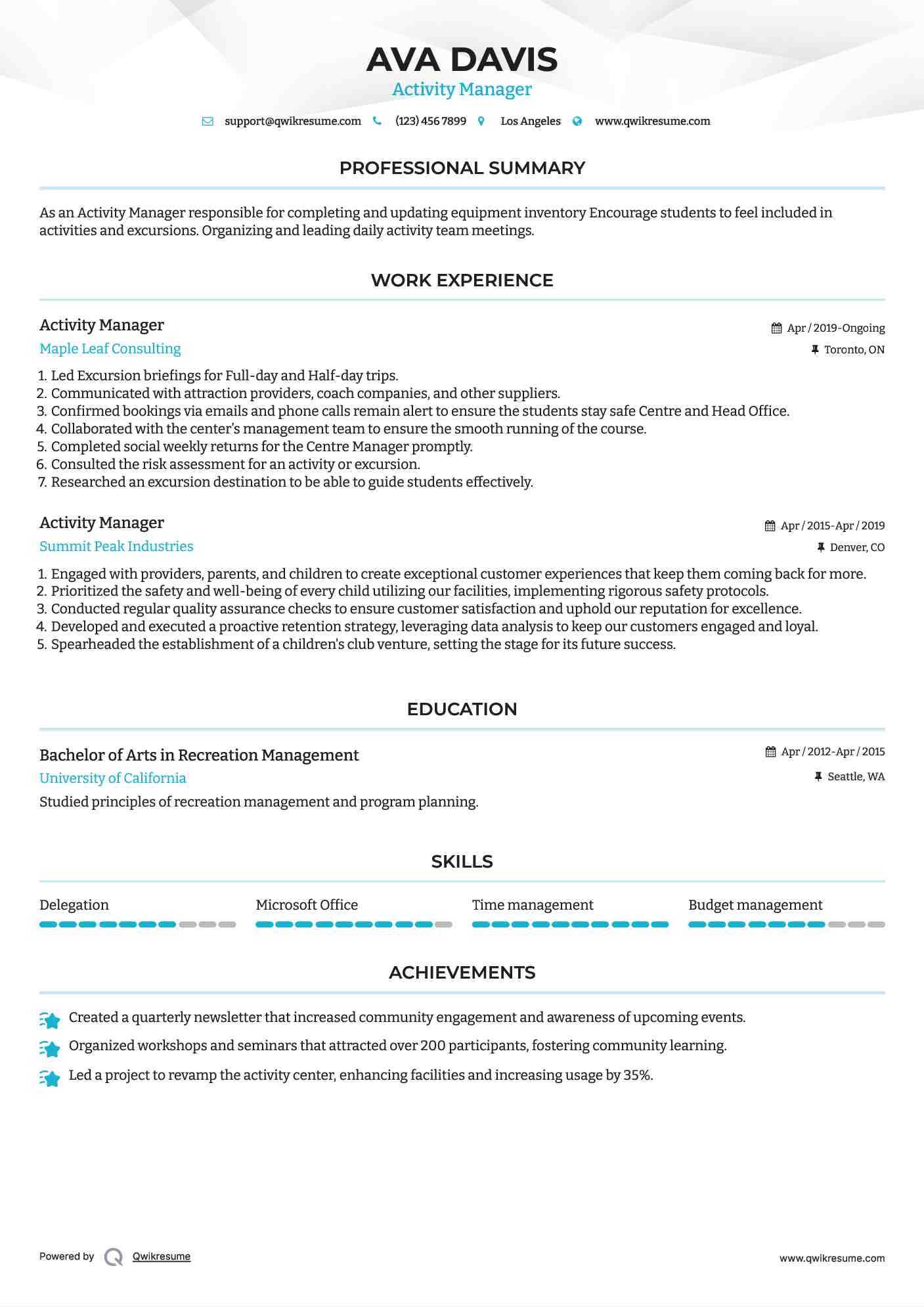 Activity Manager Resume Example