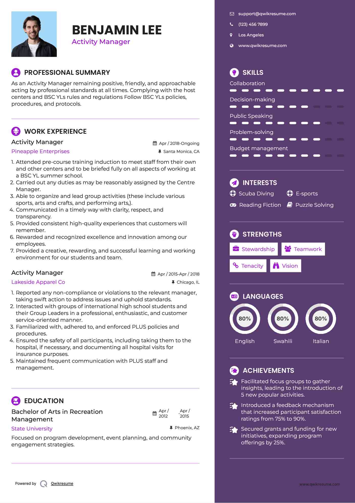 Activity Manager Resume Example