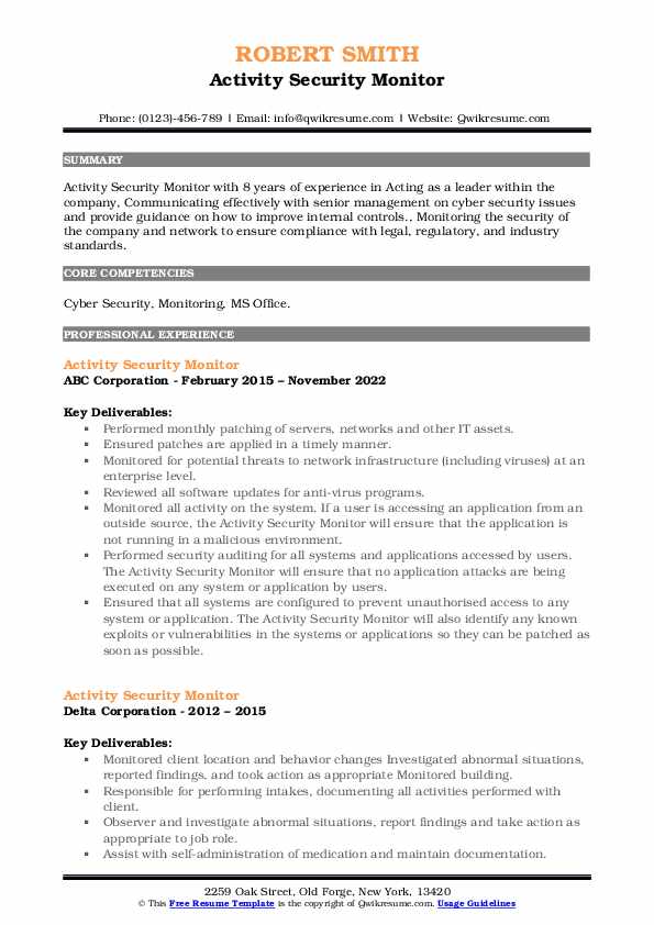 Activity Security Monitor Resume Samples QwikResume