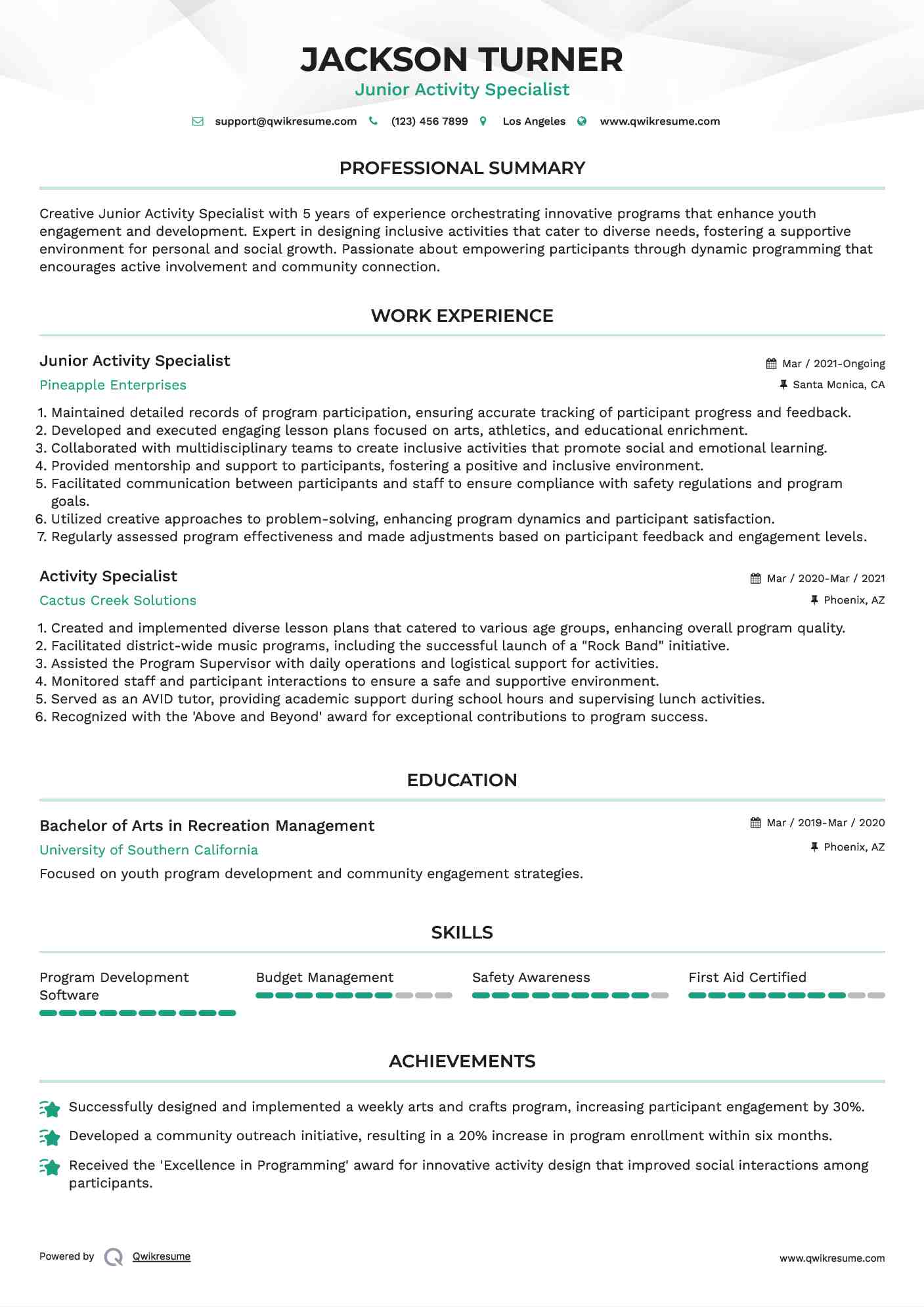 Junior Activity Specialist Resume Sample