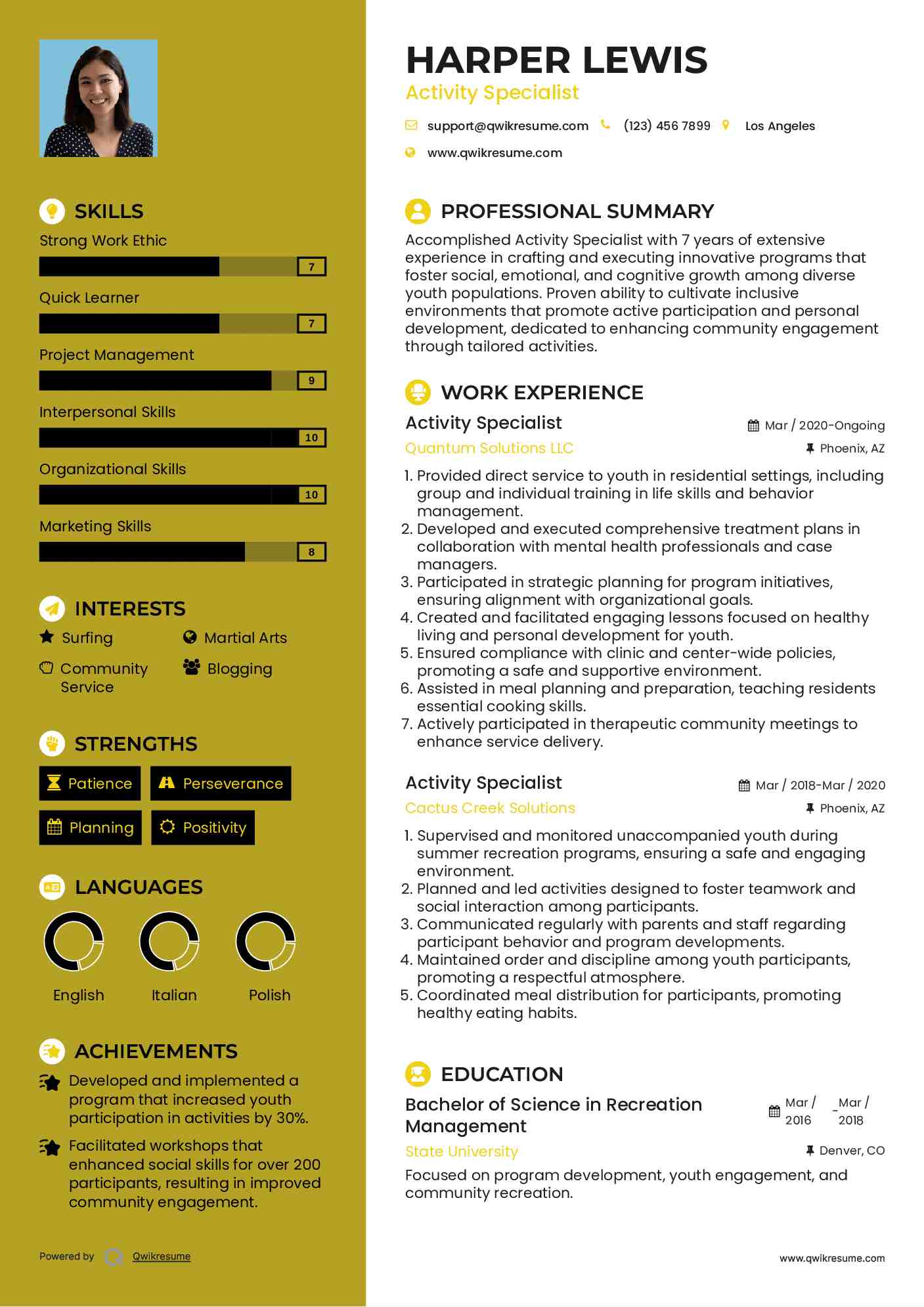Activity Specialist Resume Example