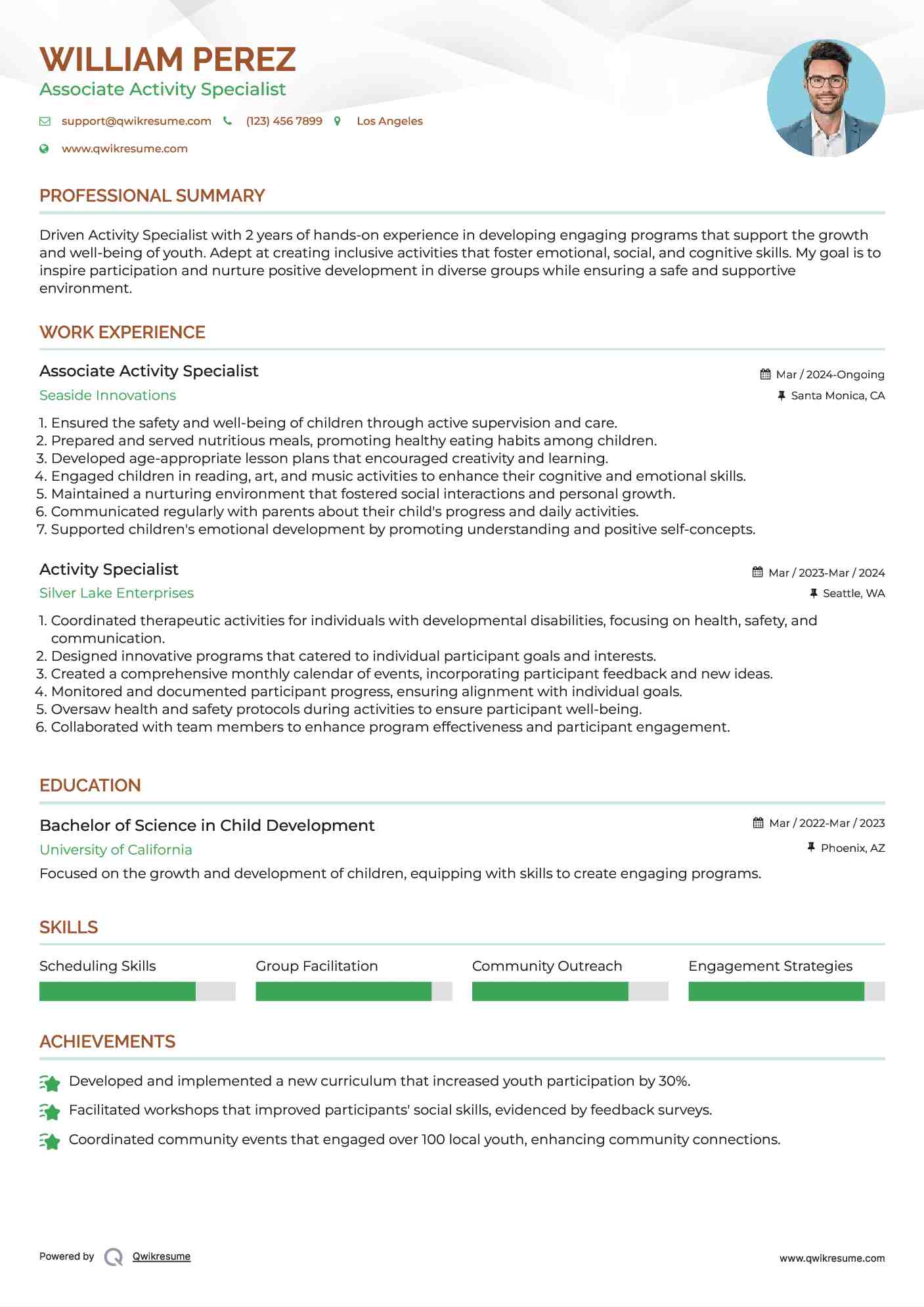 Associate Activity Specialist Resume Template