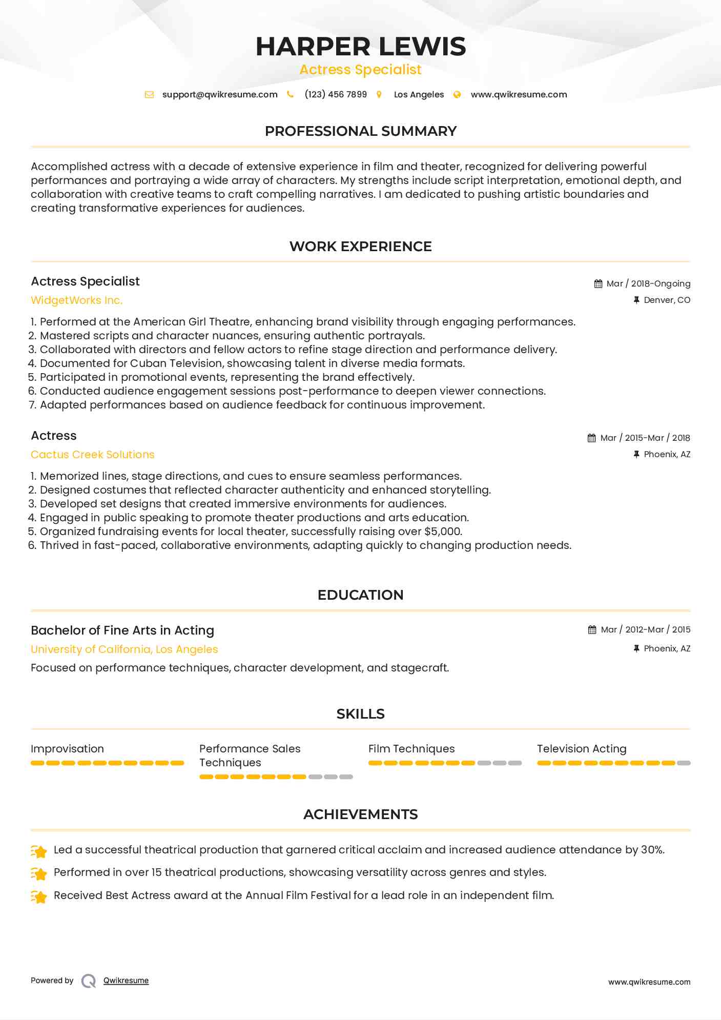 Actress Specialist Resume Sample