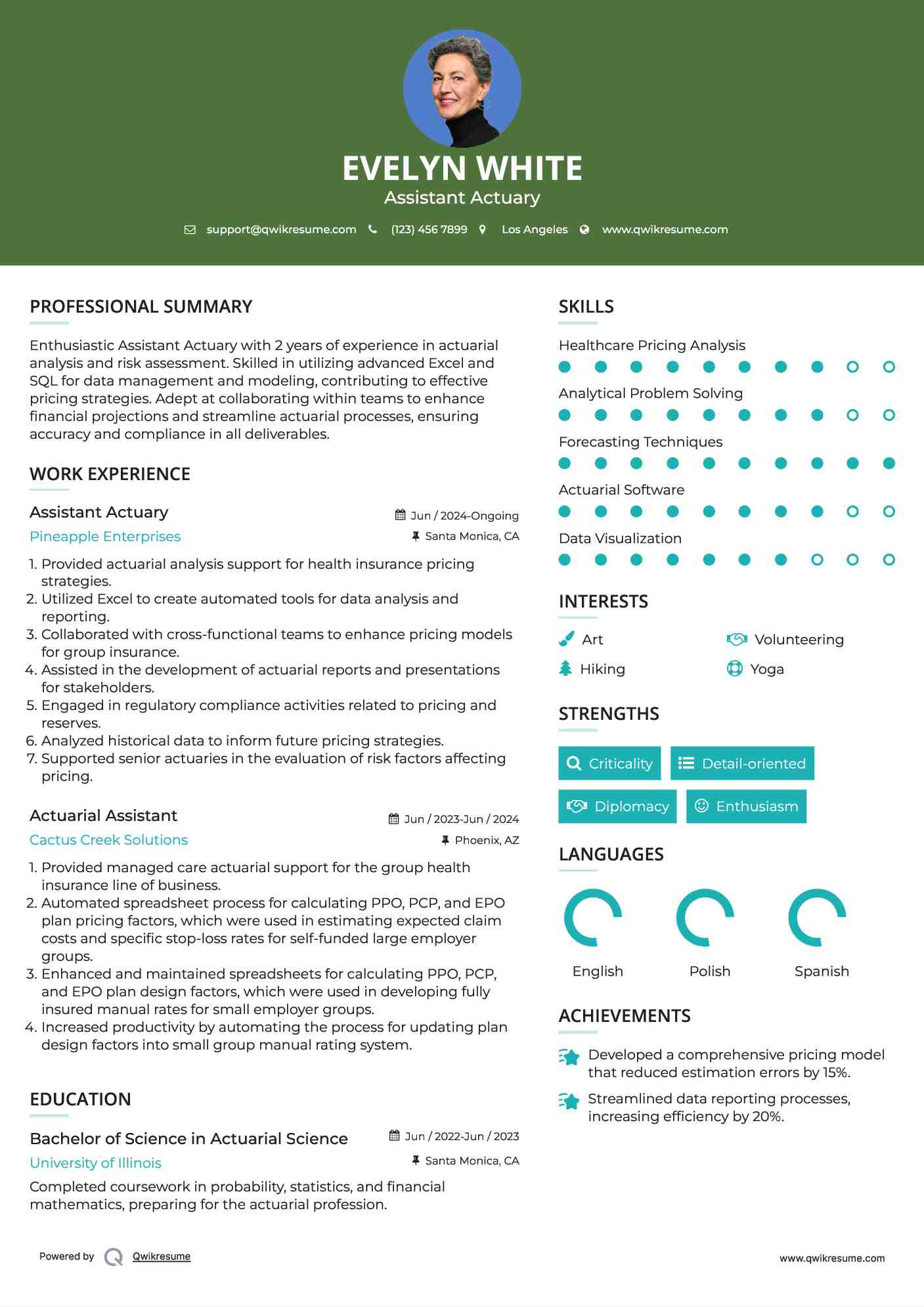 Assistant Actuary
 Resume Sample