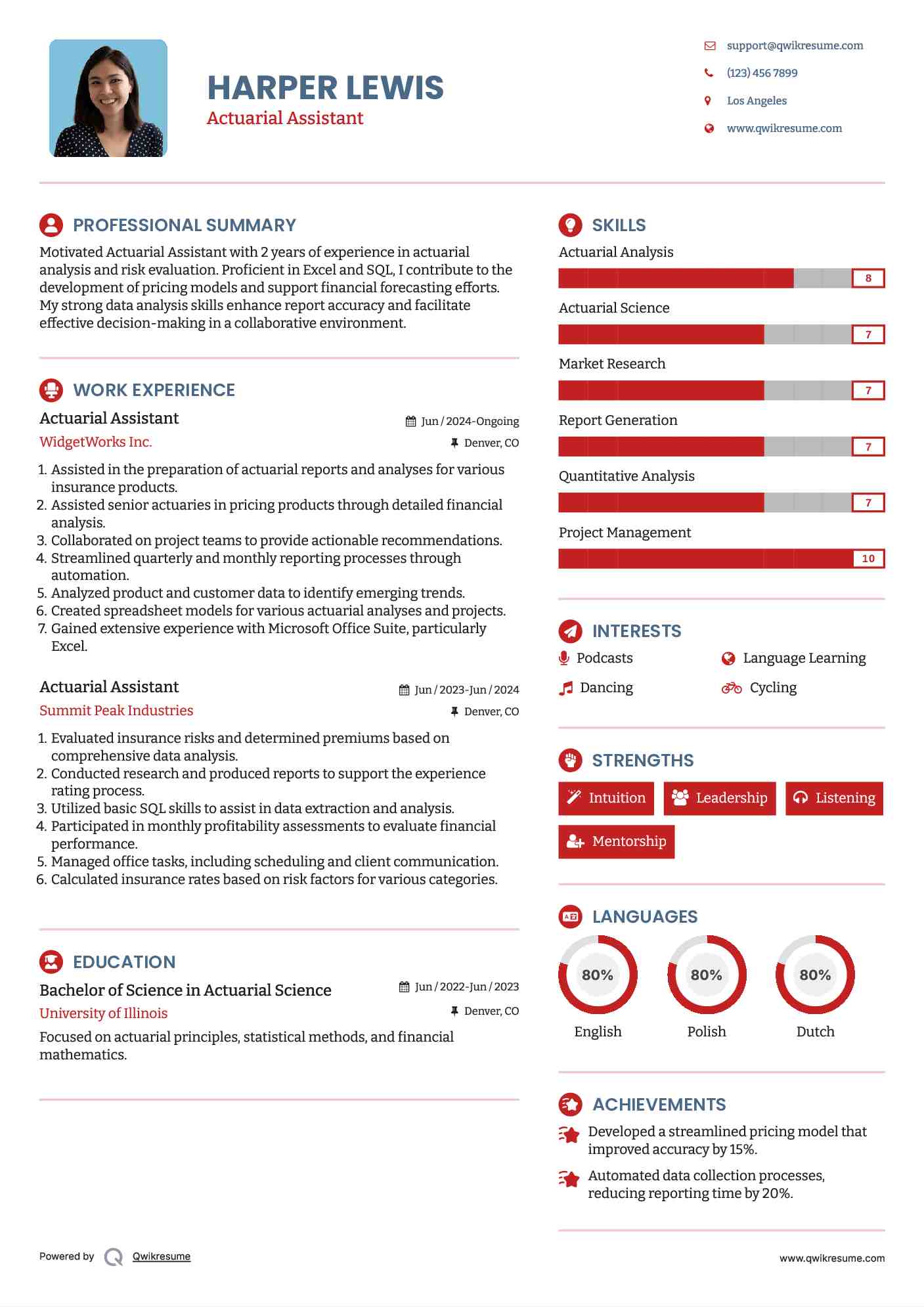 Actuarial Assistant Resume Example