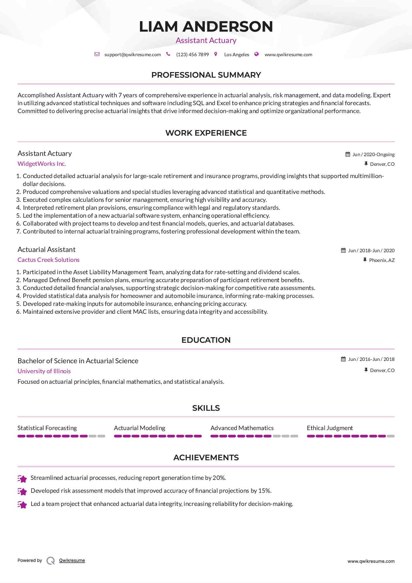 Assistant Actuary Resume Template