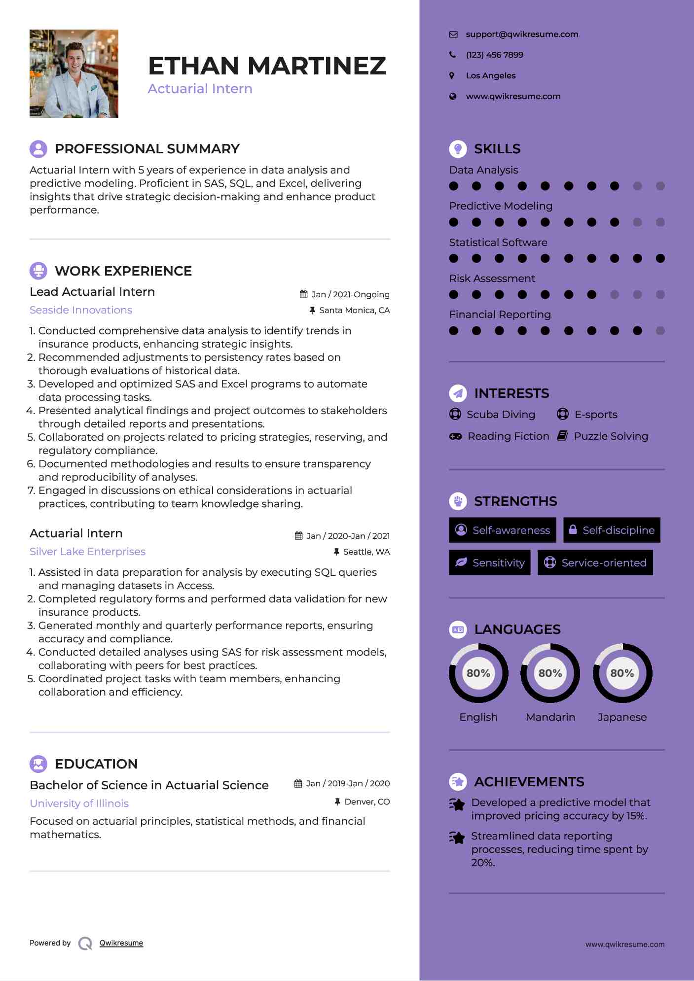 Lead Actuarial Intern Resume Model