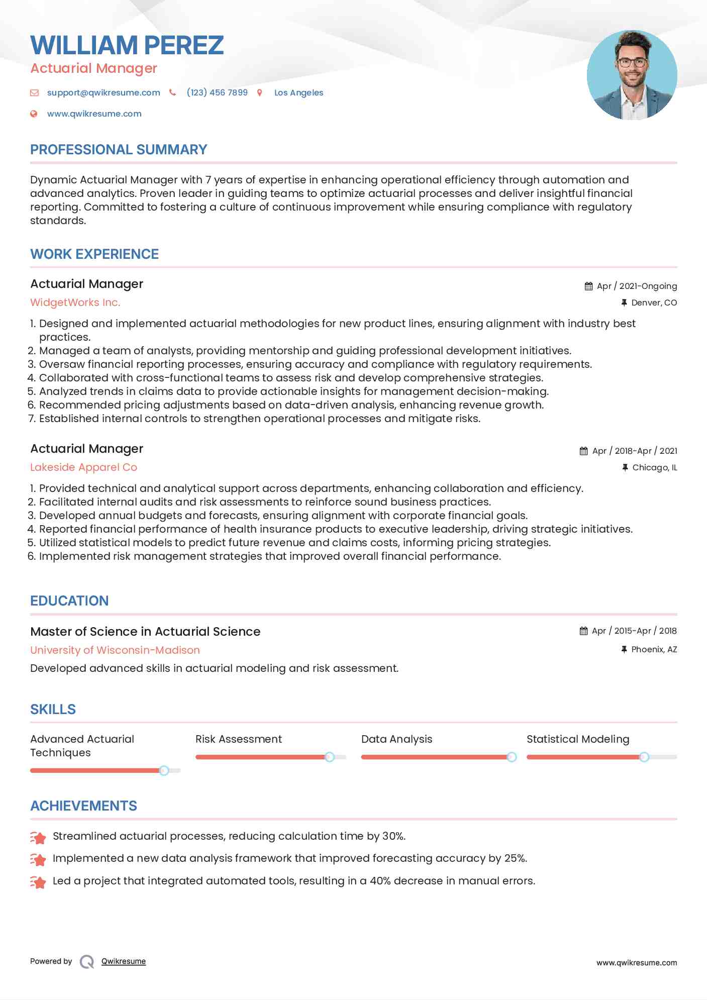Actuarial Manager Resume Model