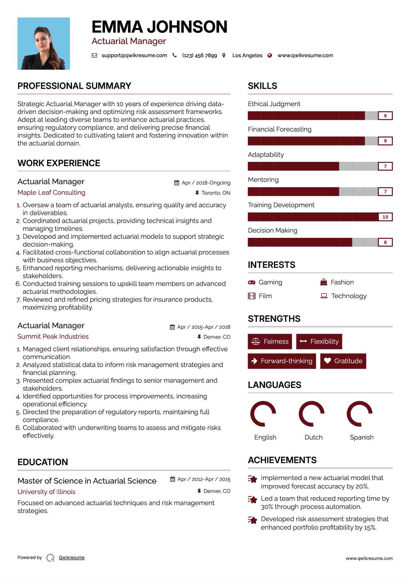 Actuarial Manager Resume Model
