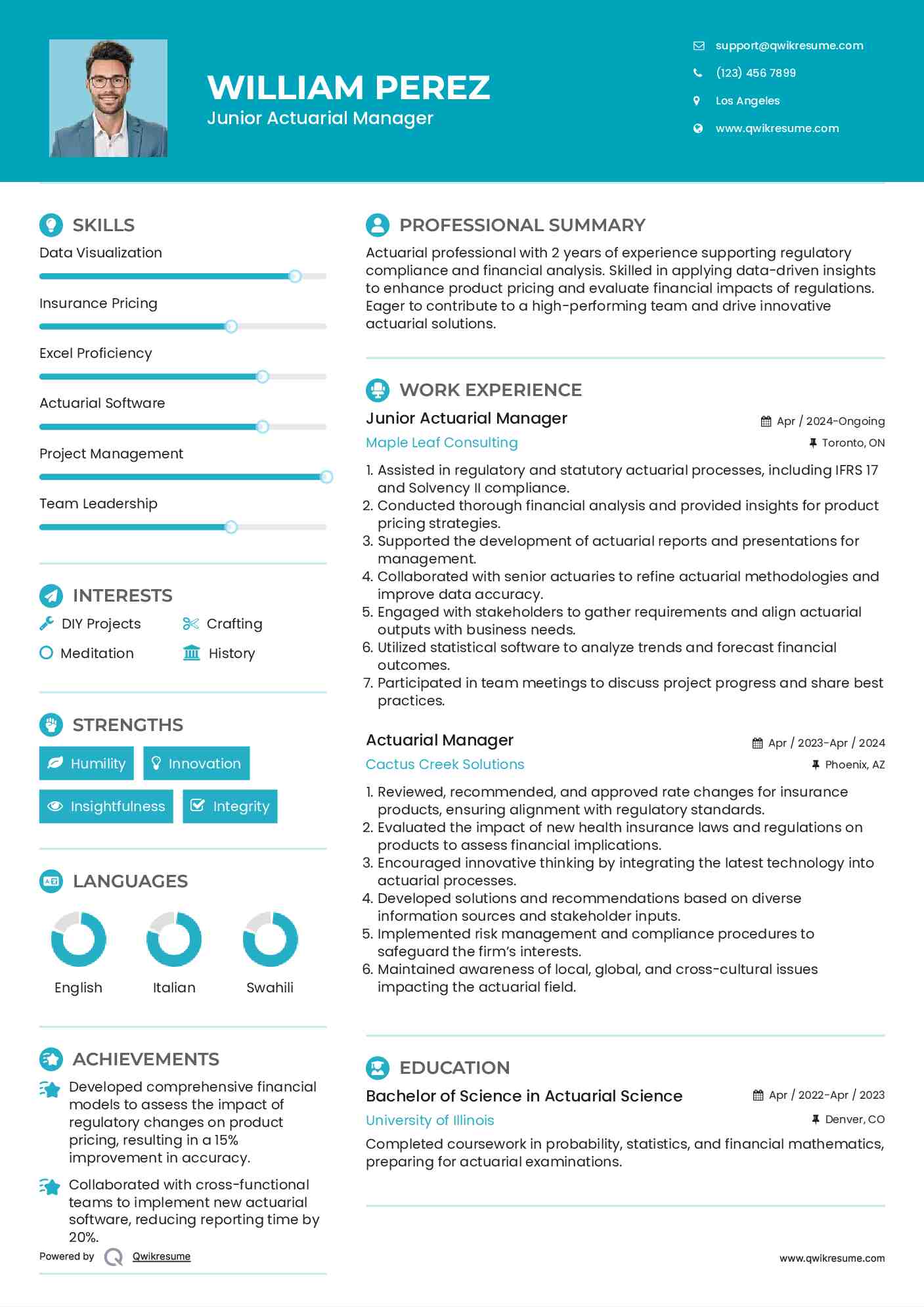 Junior Actuarial Manager Resume Model