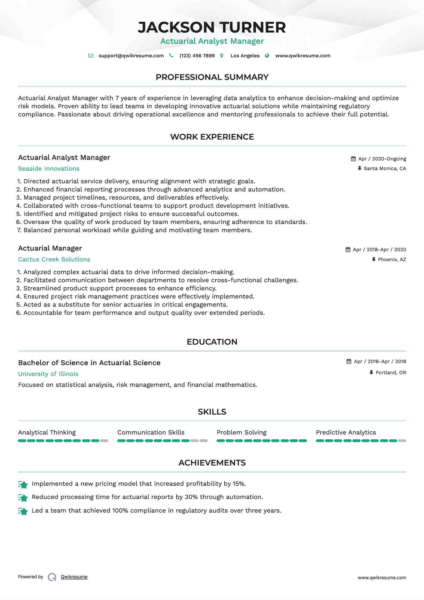 Actuarial Analyst Manager
 Resume Format
