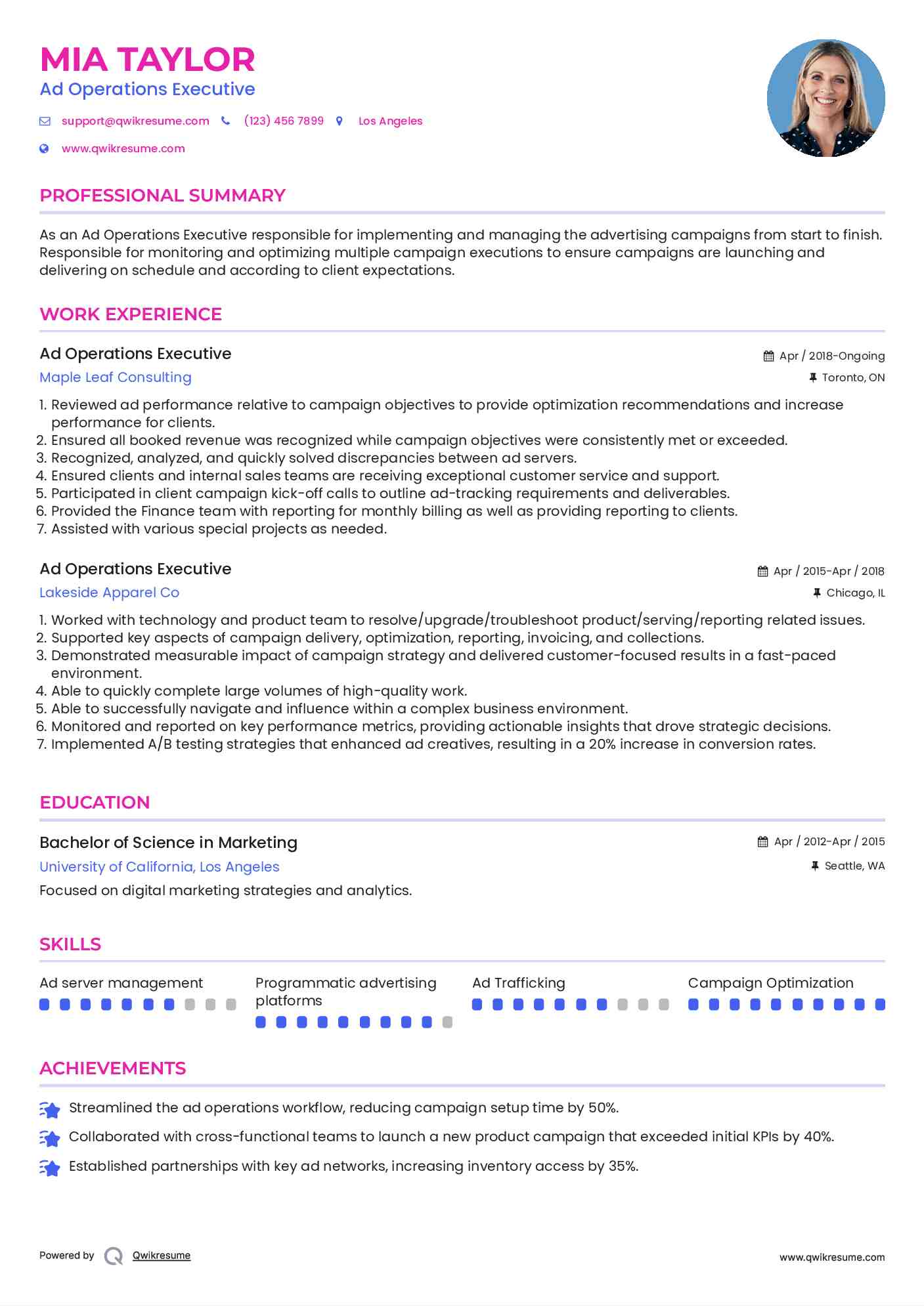 Ad Operations Executive  Resume Template