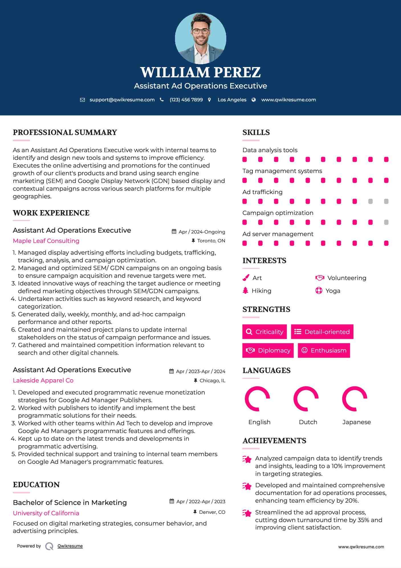 Assistant Ad Operations Executive  Resume Template
