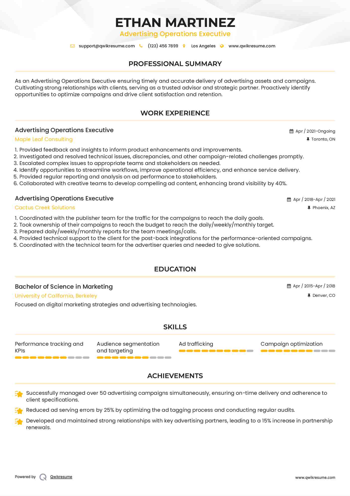 Advertising Operations Executive Resume Sample