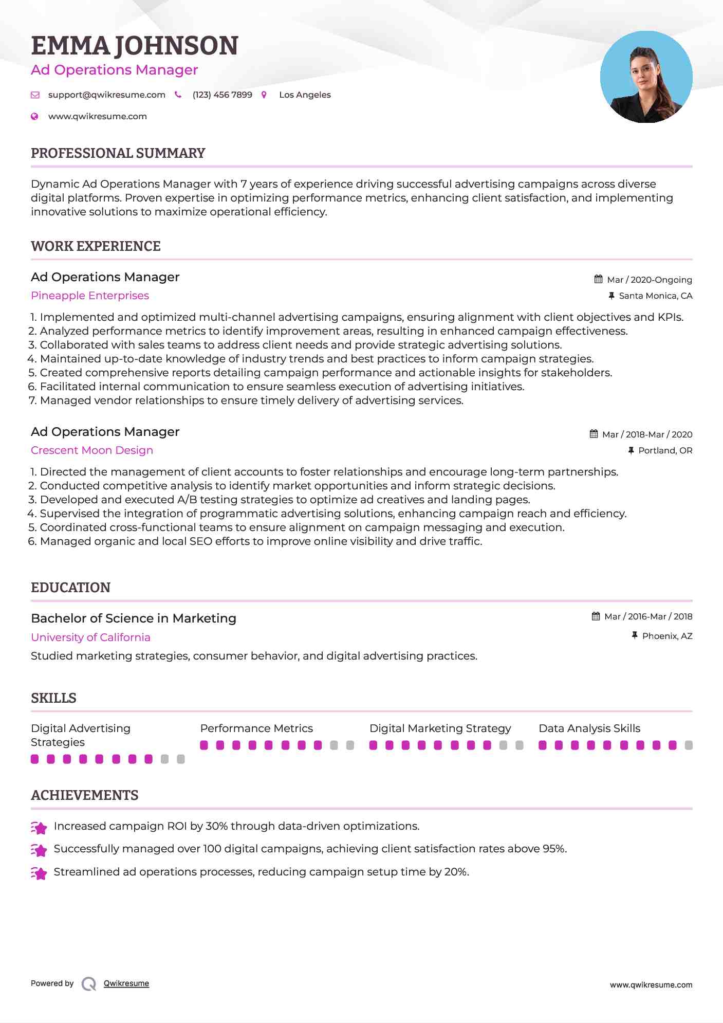 Ad Operations Manager Resume Sample