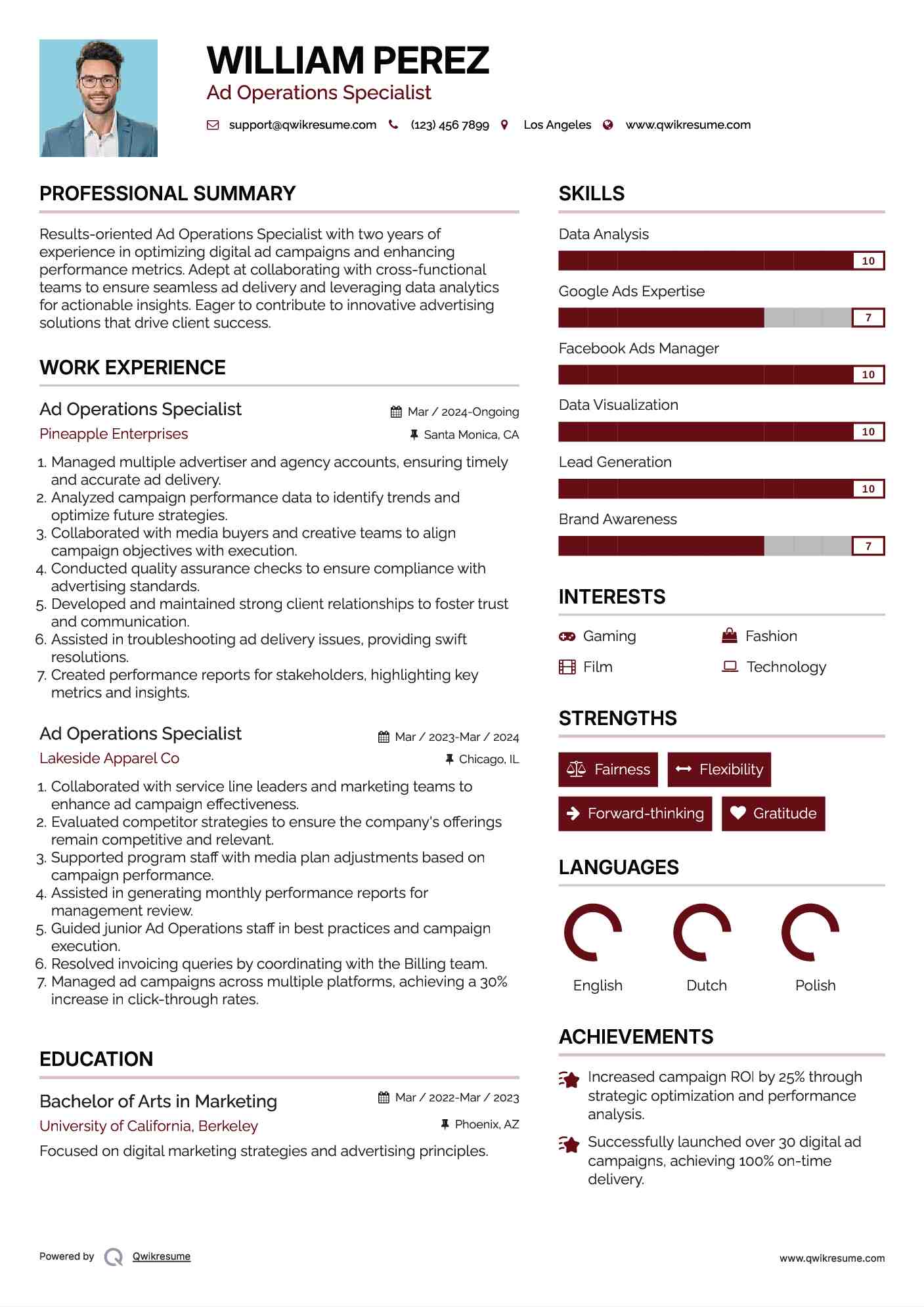 Ad Operations Specialist Resume Template