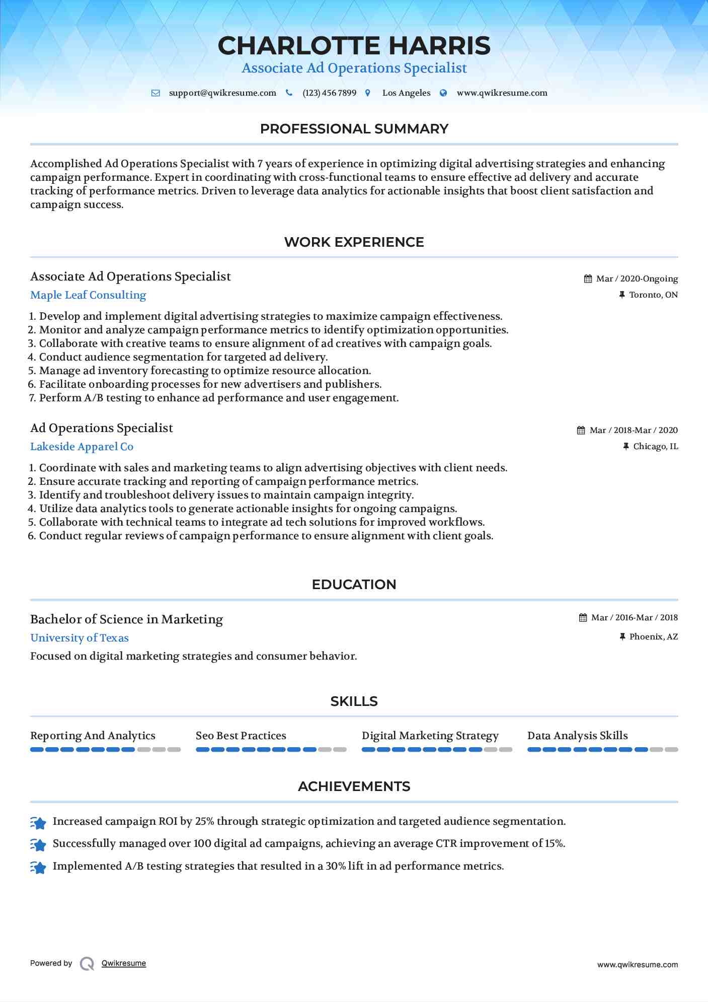 Associate Ad Operations Specialist Resume Example