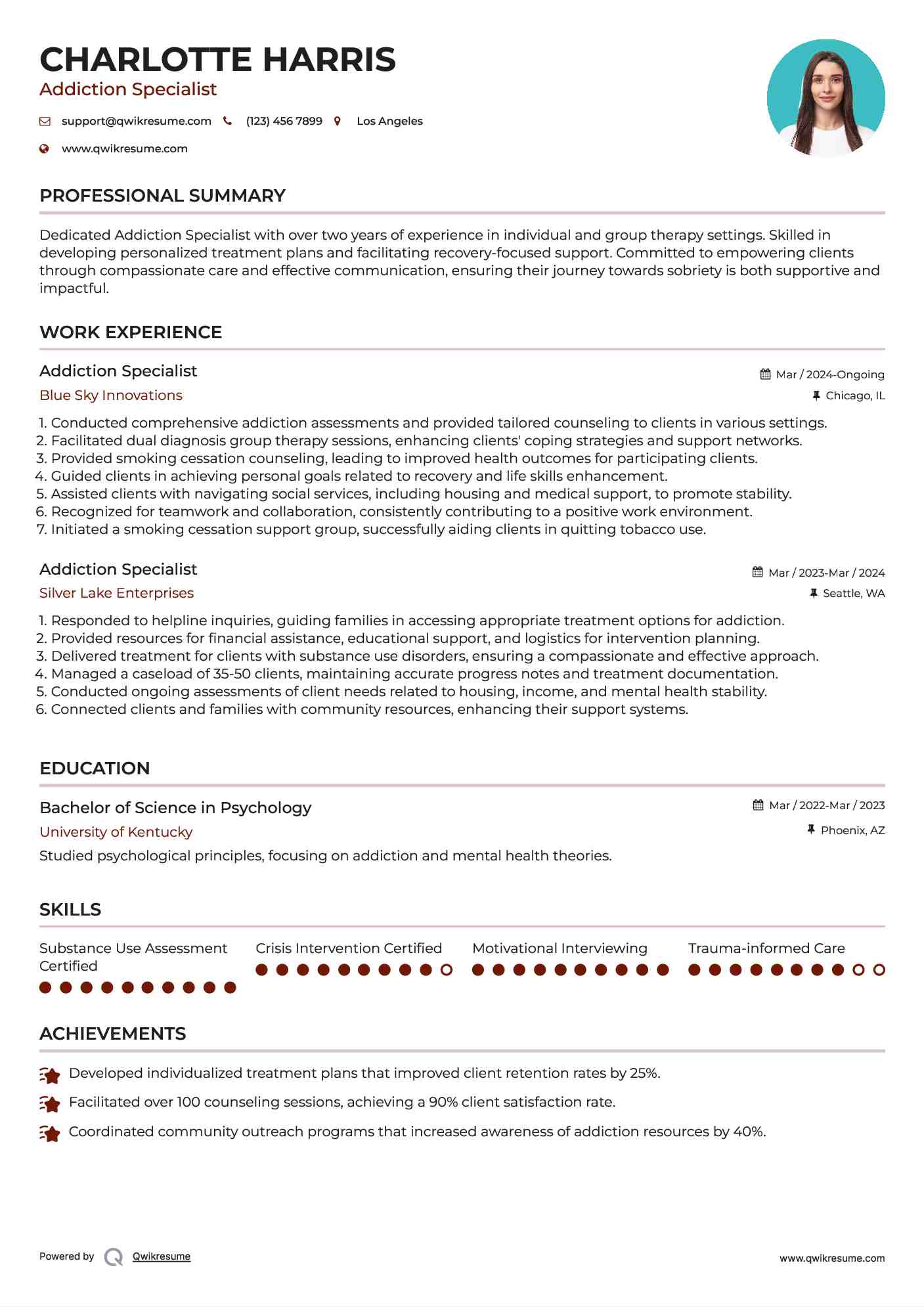 Addiction Specialist Resume Example