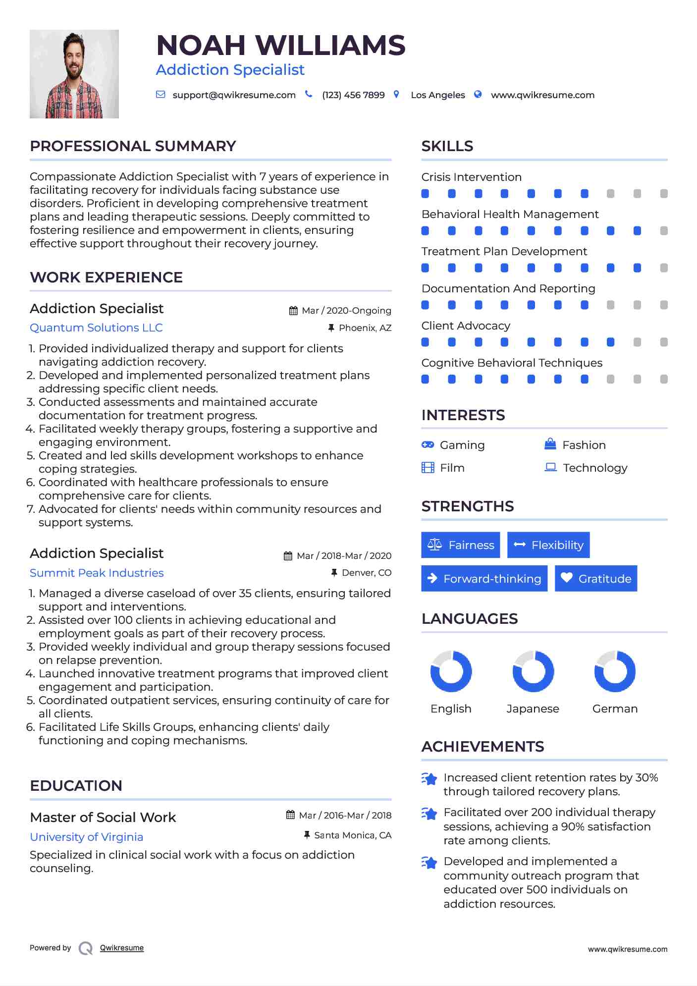 Addiction Specialist Resume Example