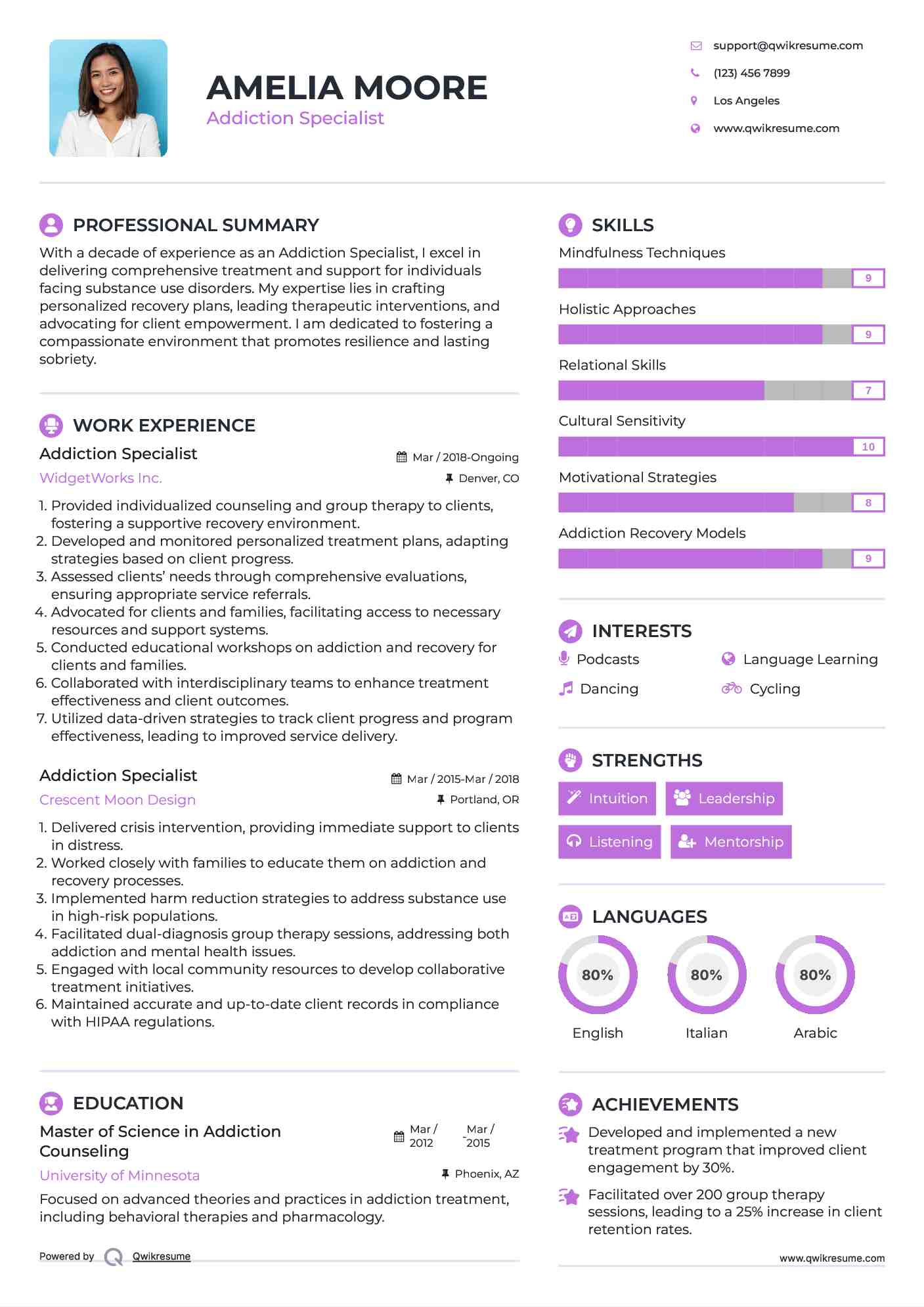 Addiction Specialist Resume Sample