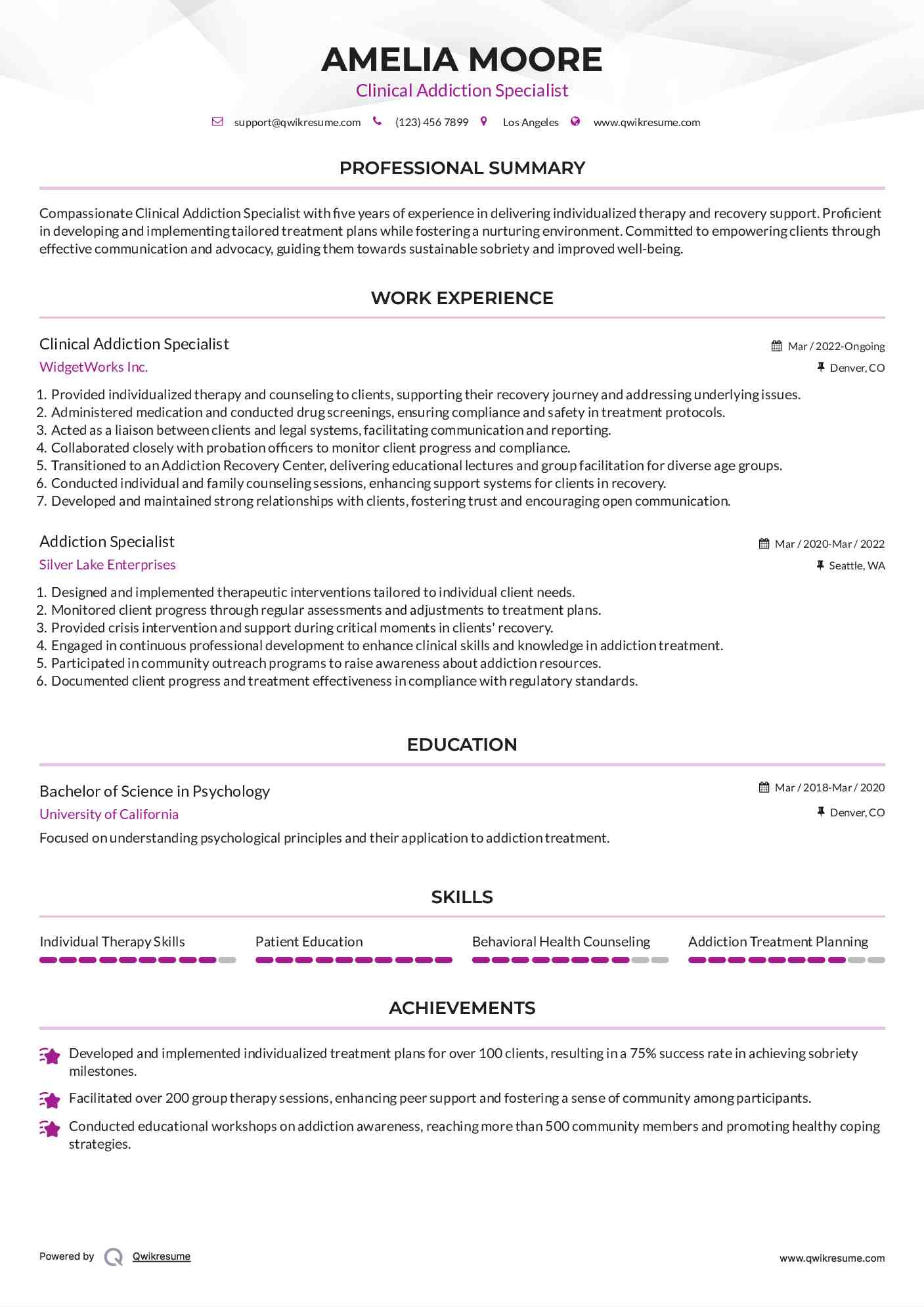 Clinical Addiction Specialist Resume Model