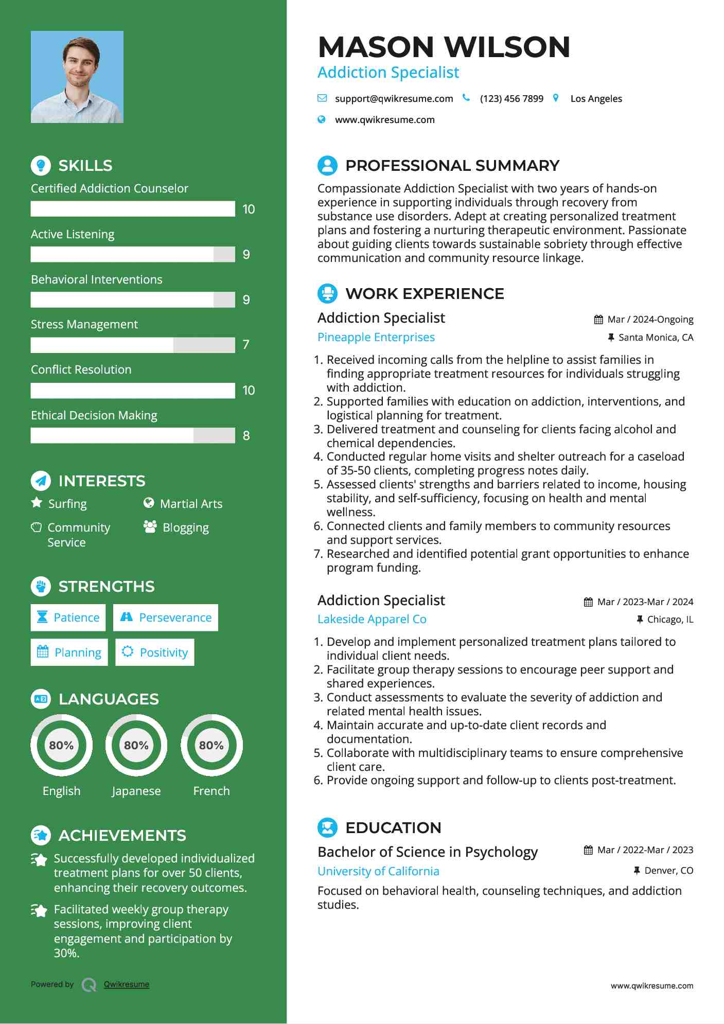 Addiction Specialist Resume Model