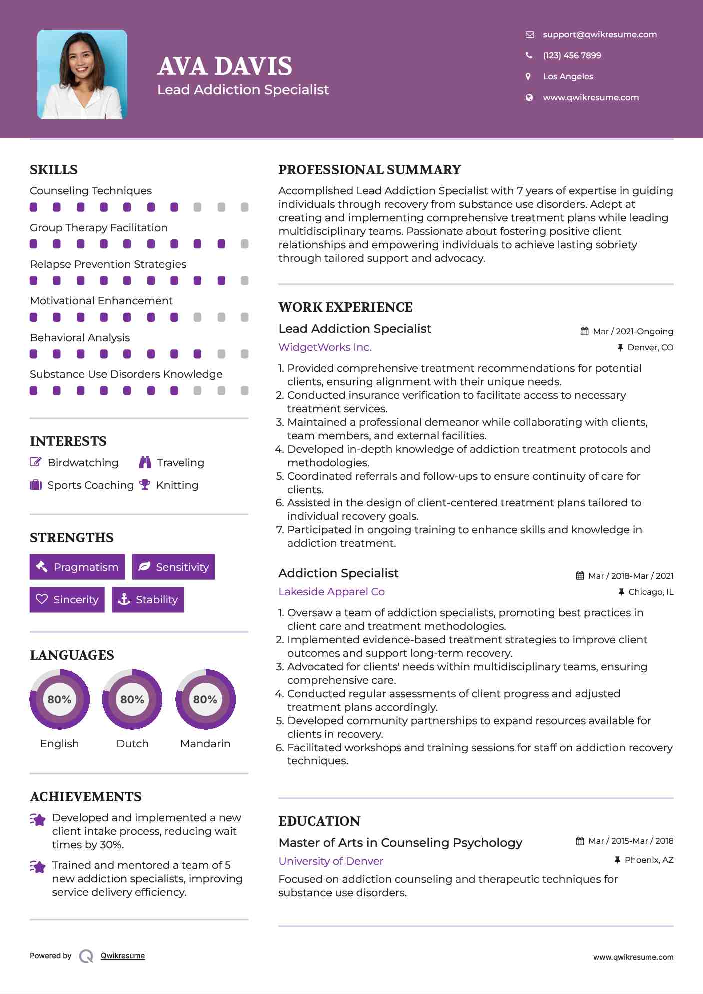 Lead Addiction Specialist Resume Sample