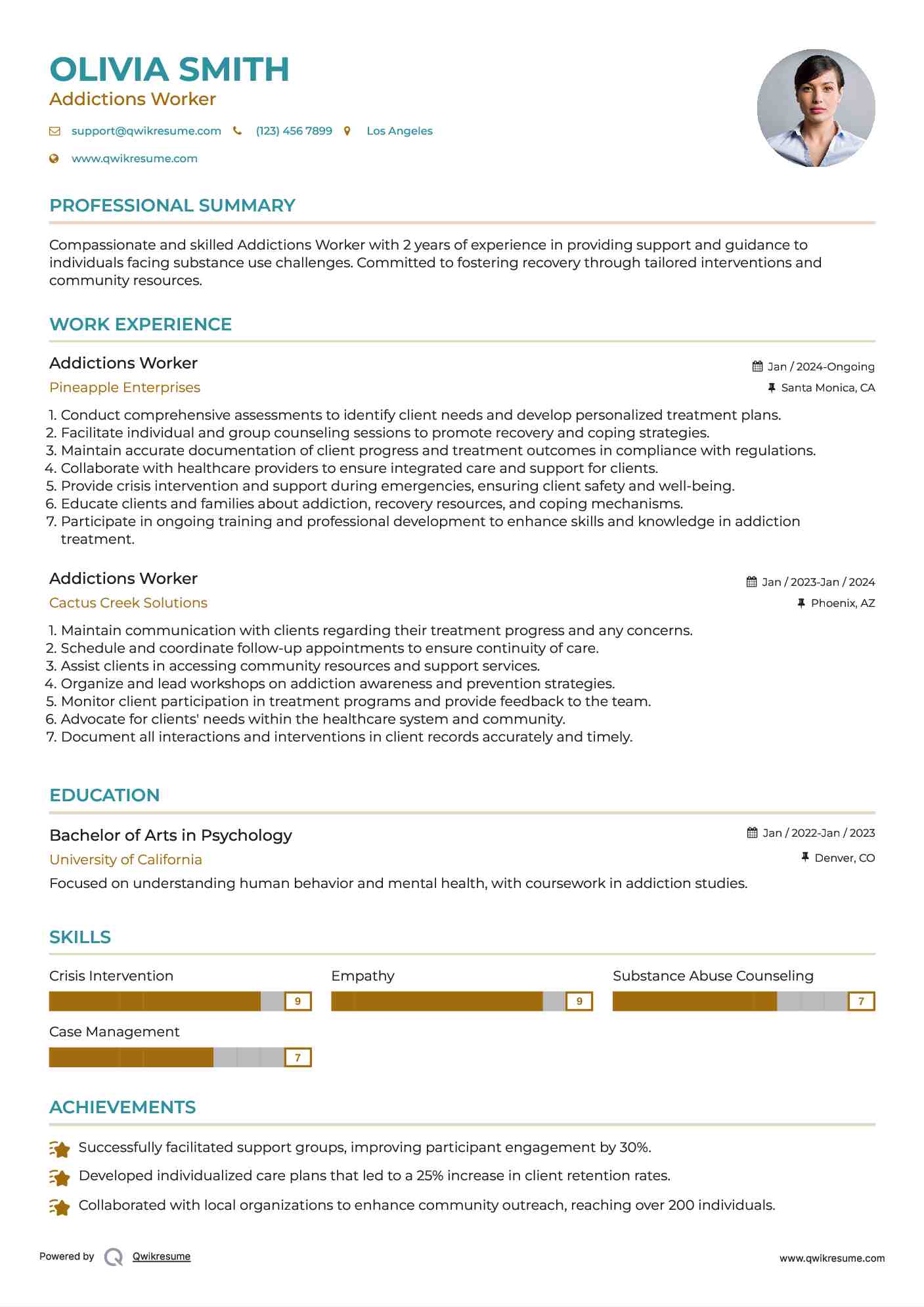 Addictions Worker Resume Model