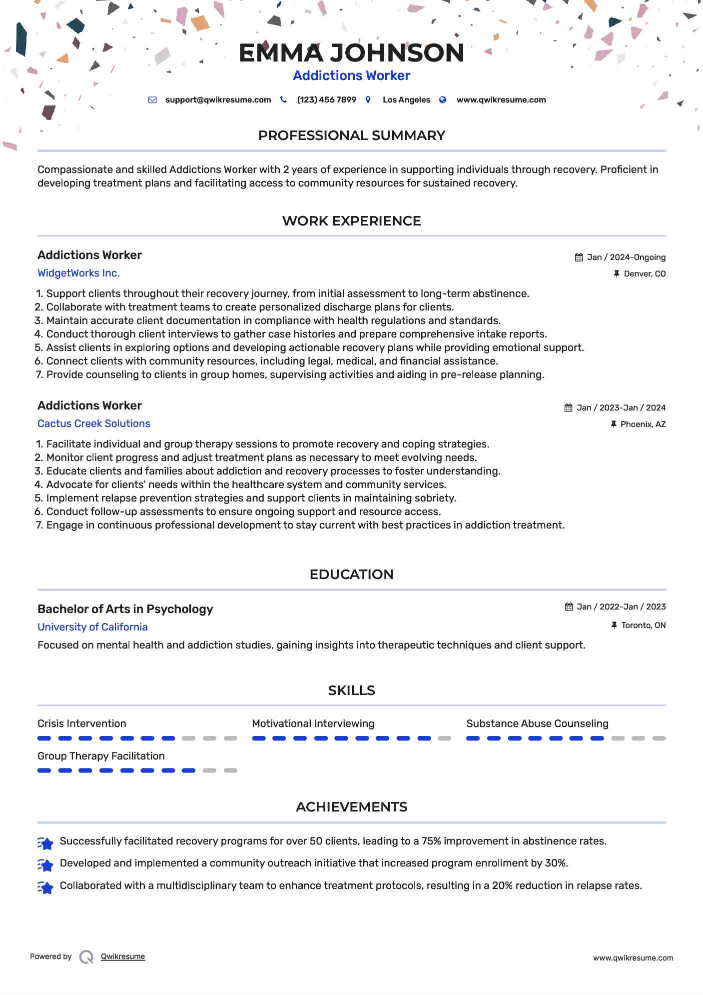 Addictions Worker Resume Example