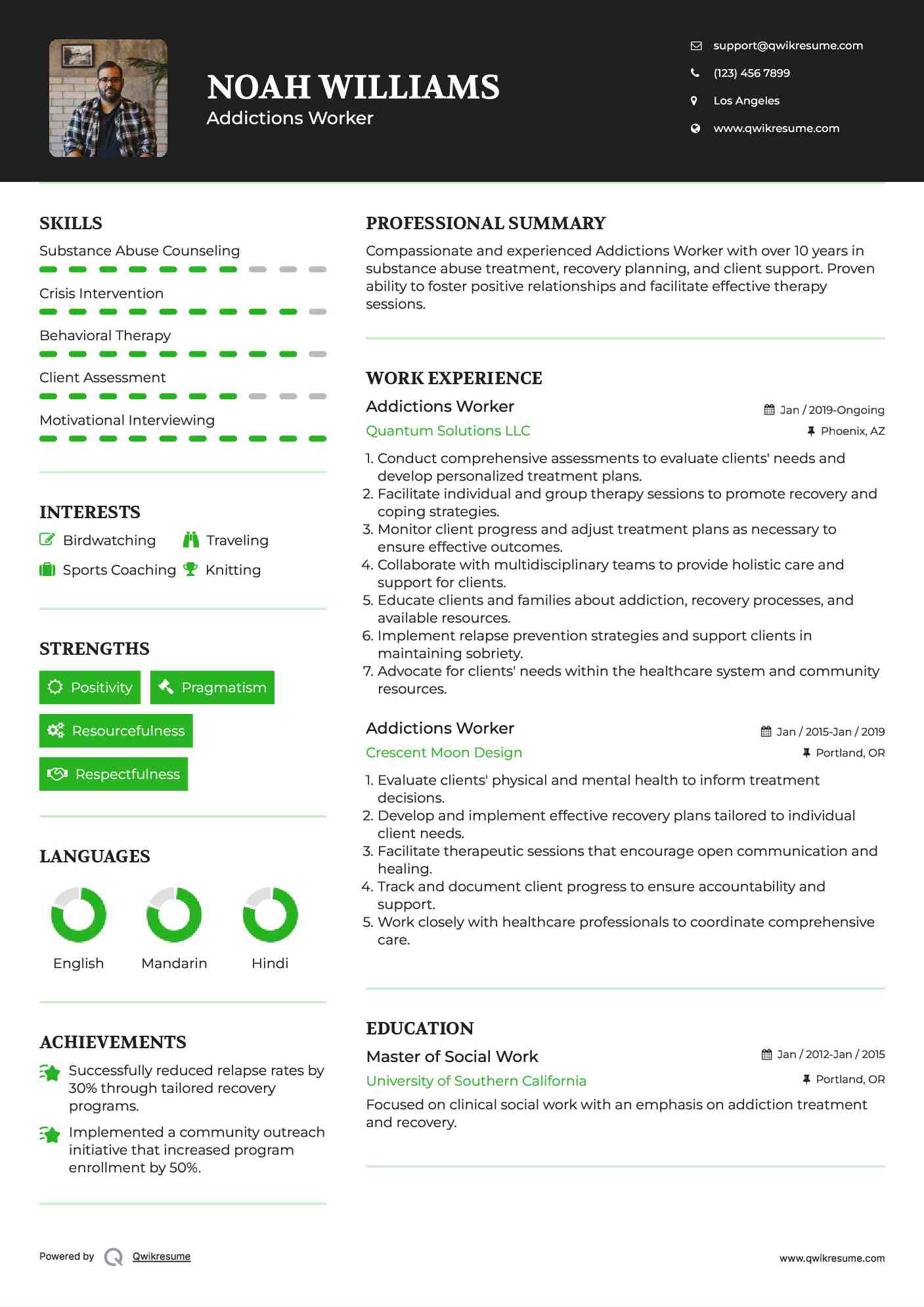 Addictions Worker Resume Example