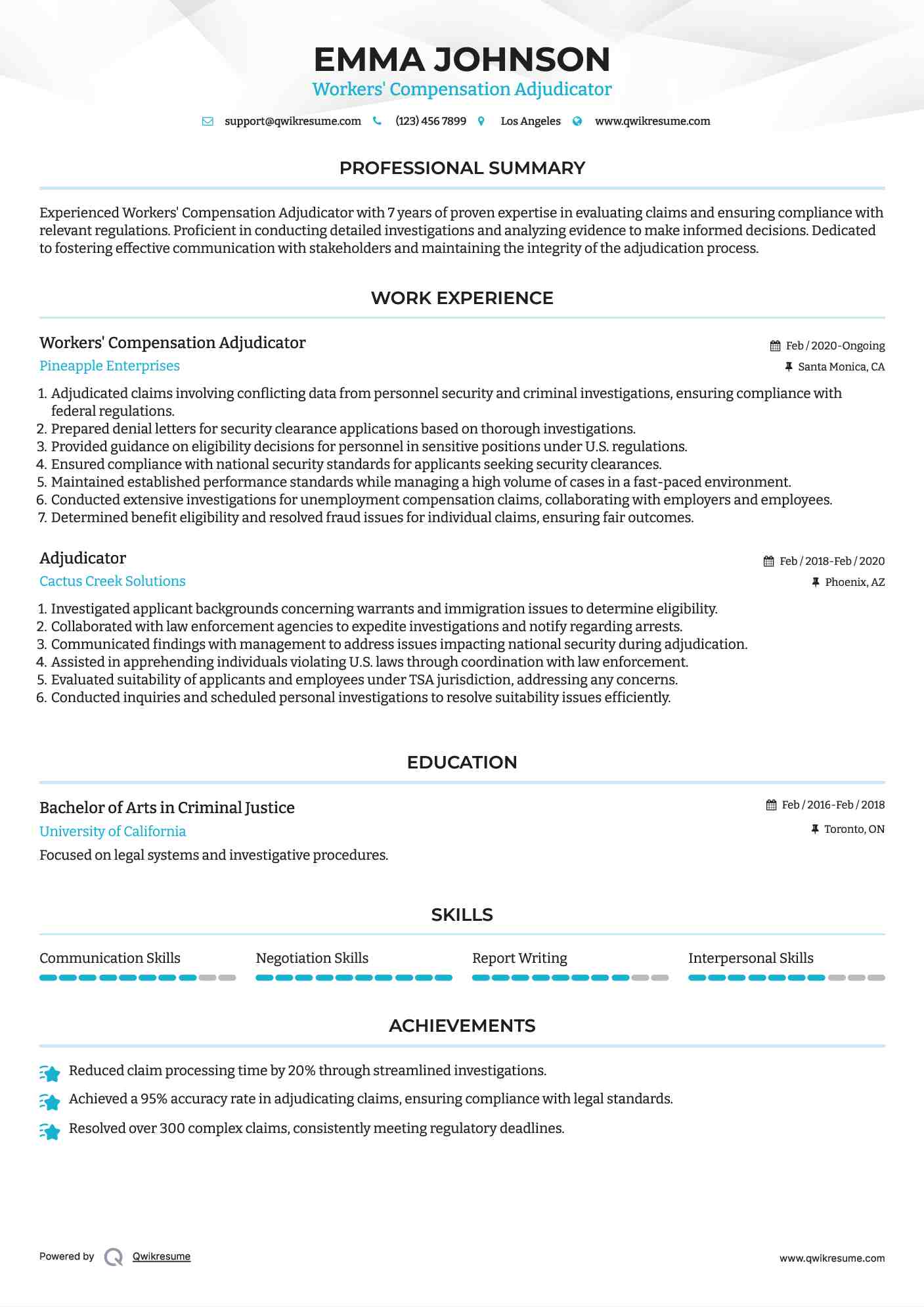 Workers' Compensation Adjudicator Resume Format