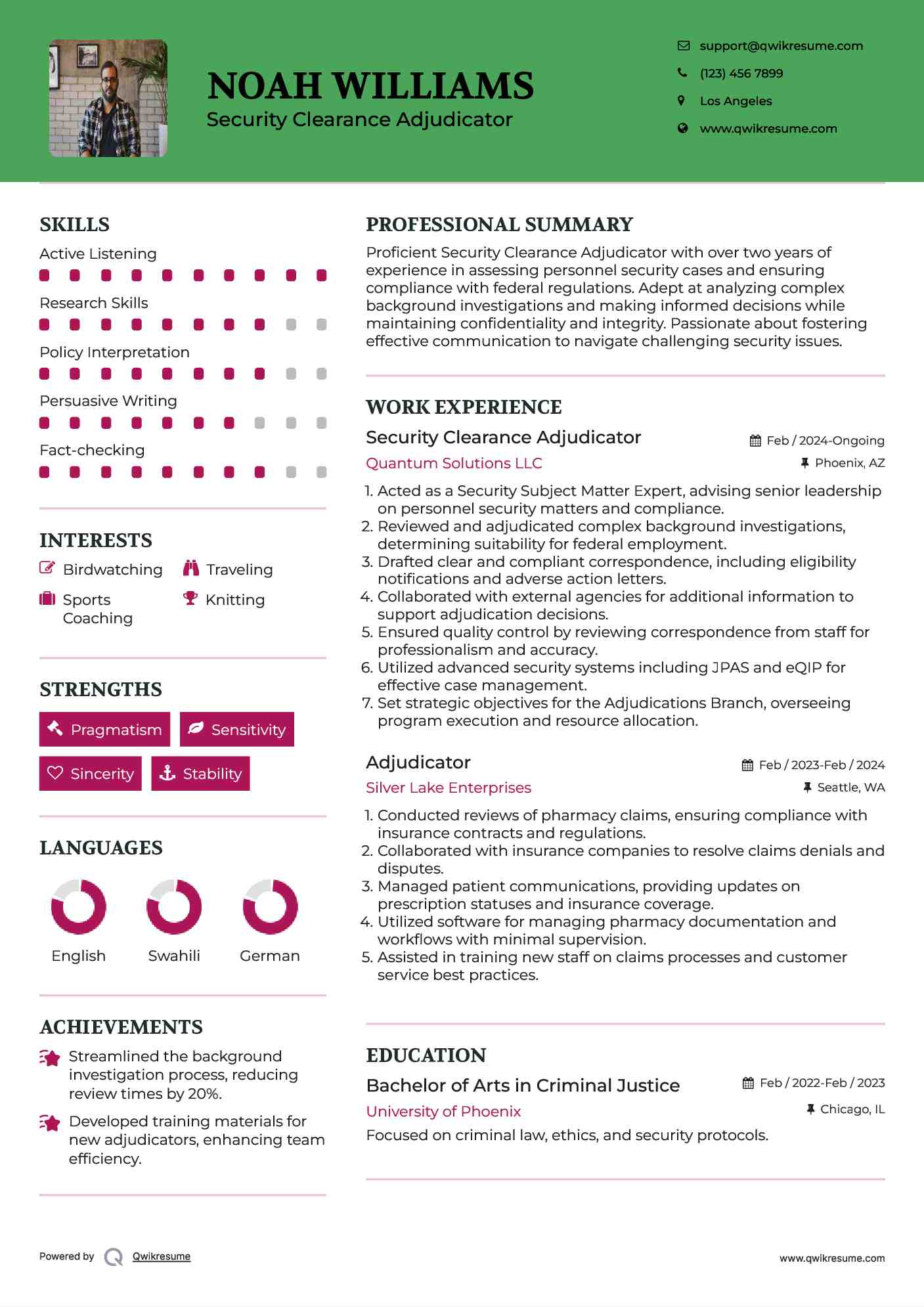 Security Clearance Adjudicator Resume Sample