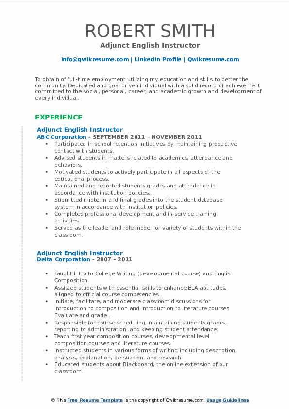 Adjunct English Instructor Resume Samples QwikResume