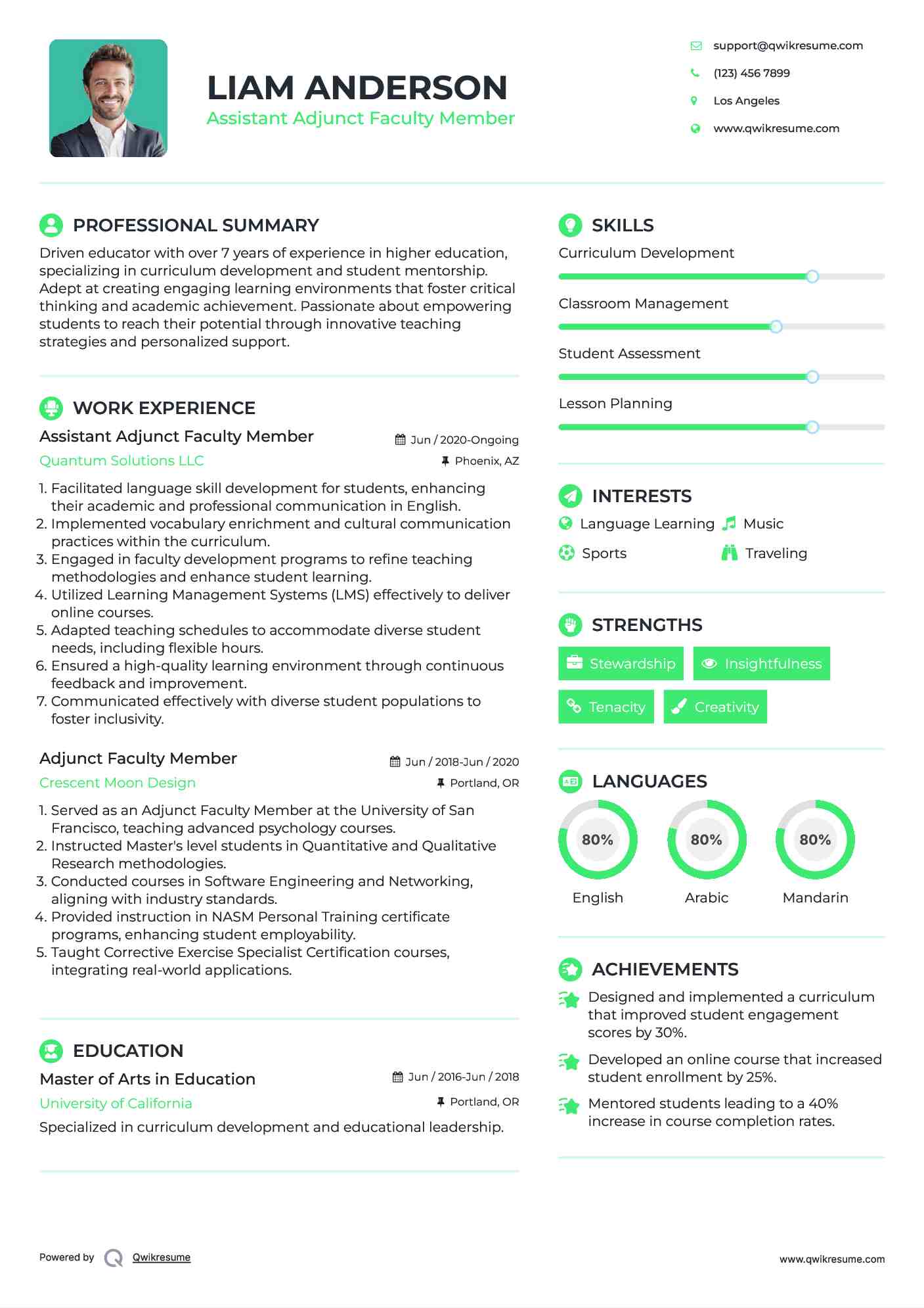 Assistant Adjunct Faculty Member Resume Model