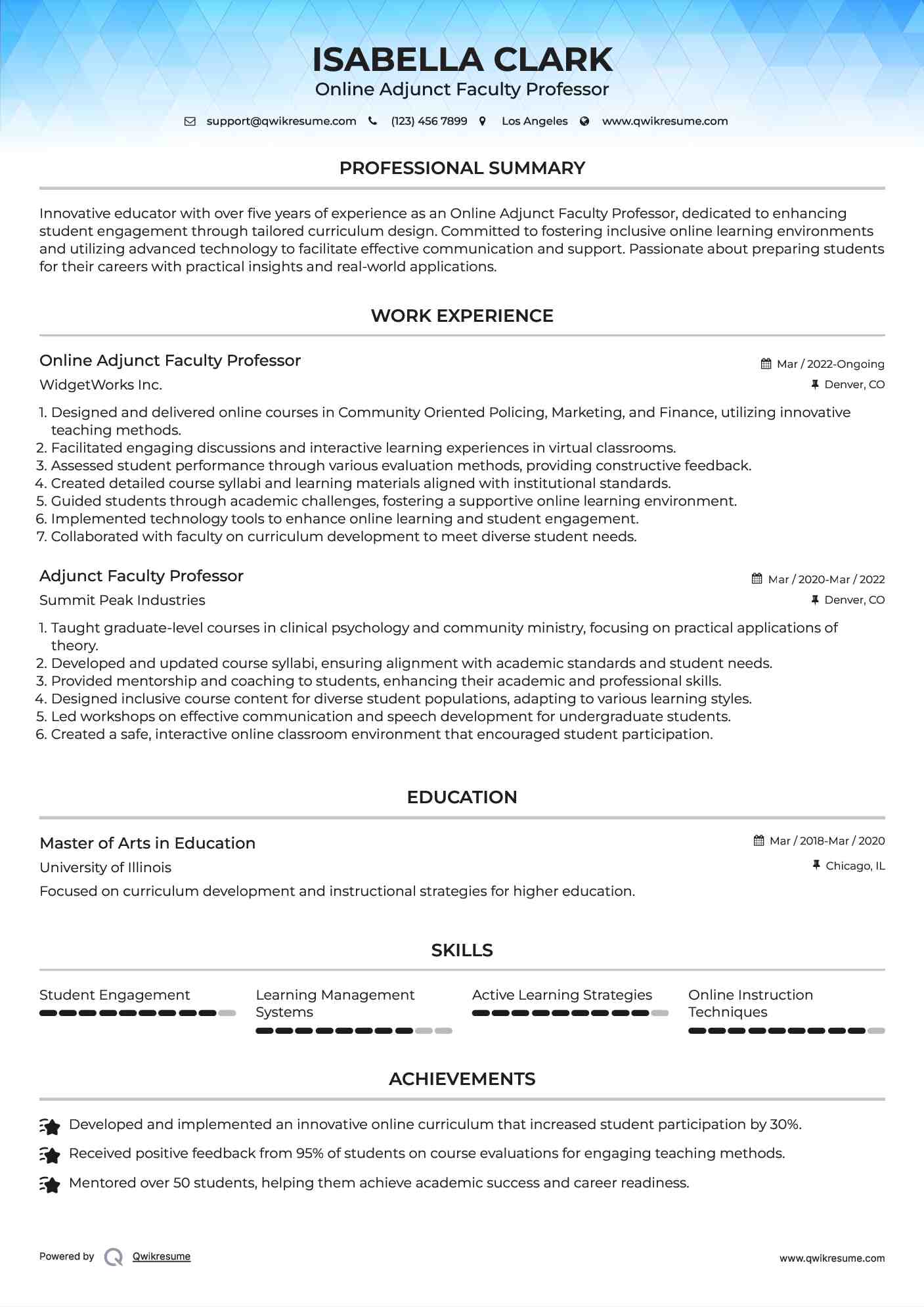 Online Adjunct Faculty Professor Resume Format