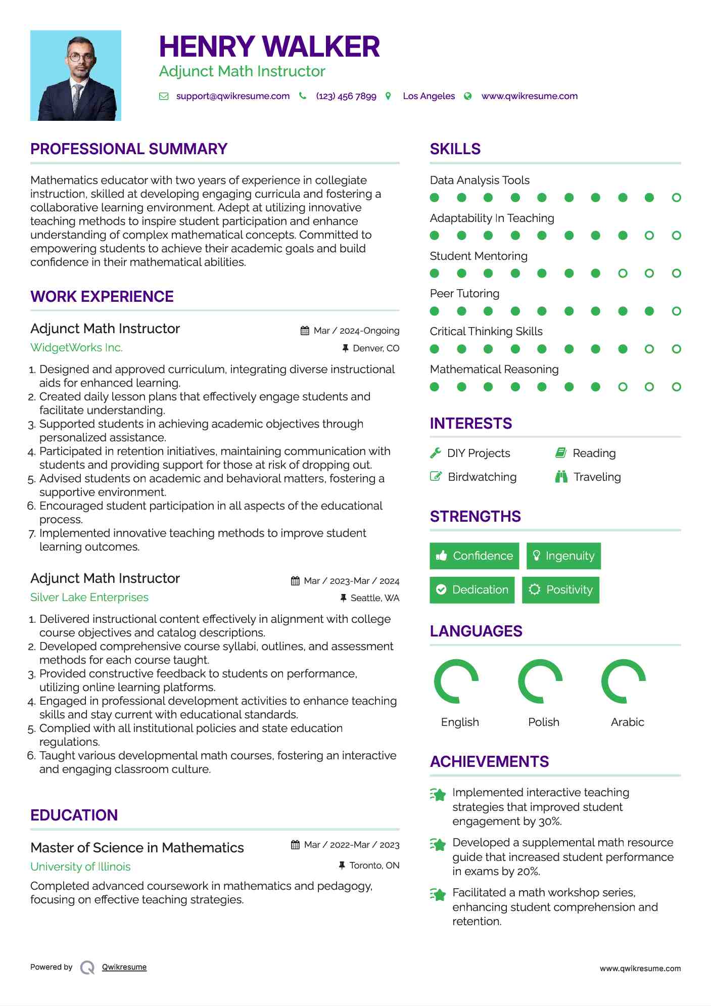 Adjunct Math Instructor Resume Sample