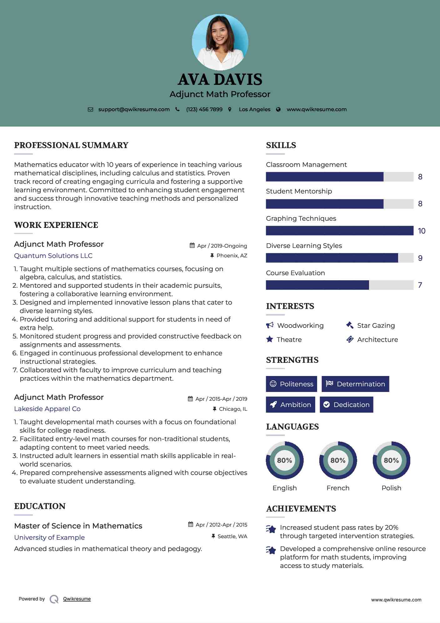 Adjunct Math Professor Resume Sample