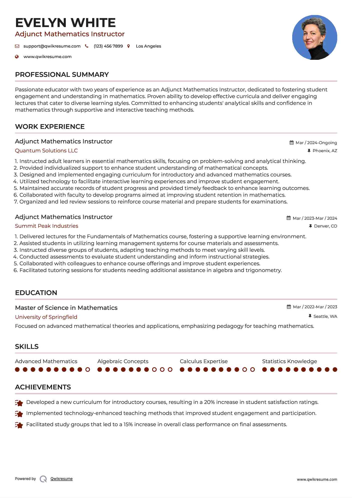 Adjunct Mathematics Instructor Resume Template