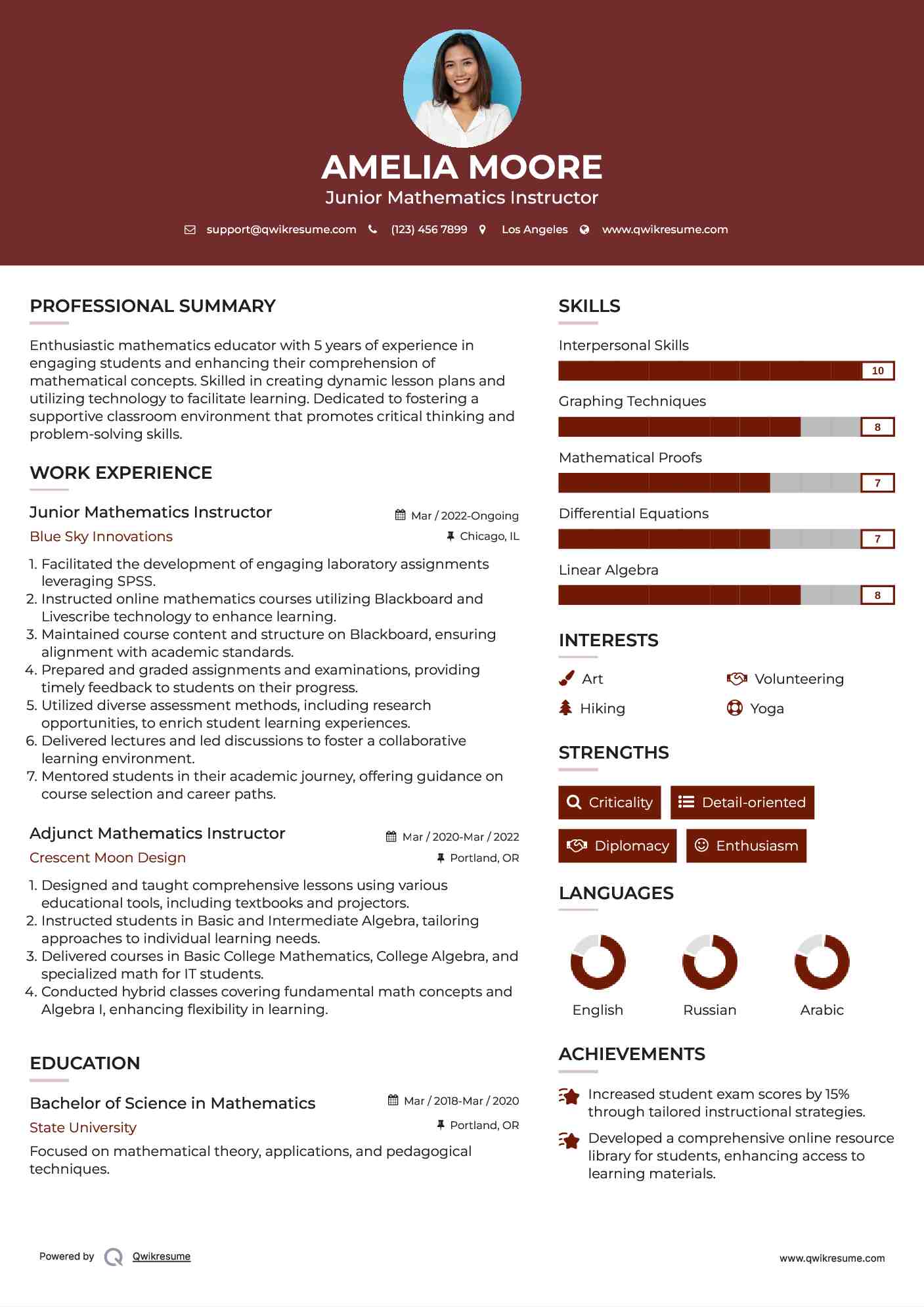 Junior Mathematics Instructor Resume Sample