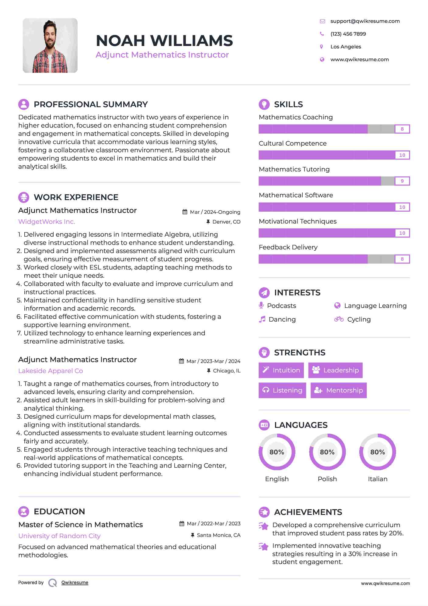 Adjunct Mathematics Instructor Resume Sample