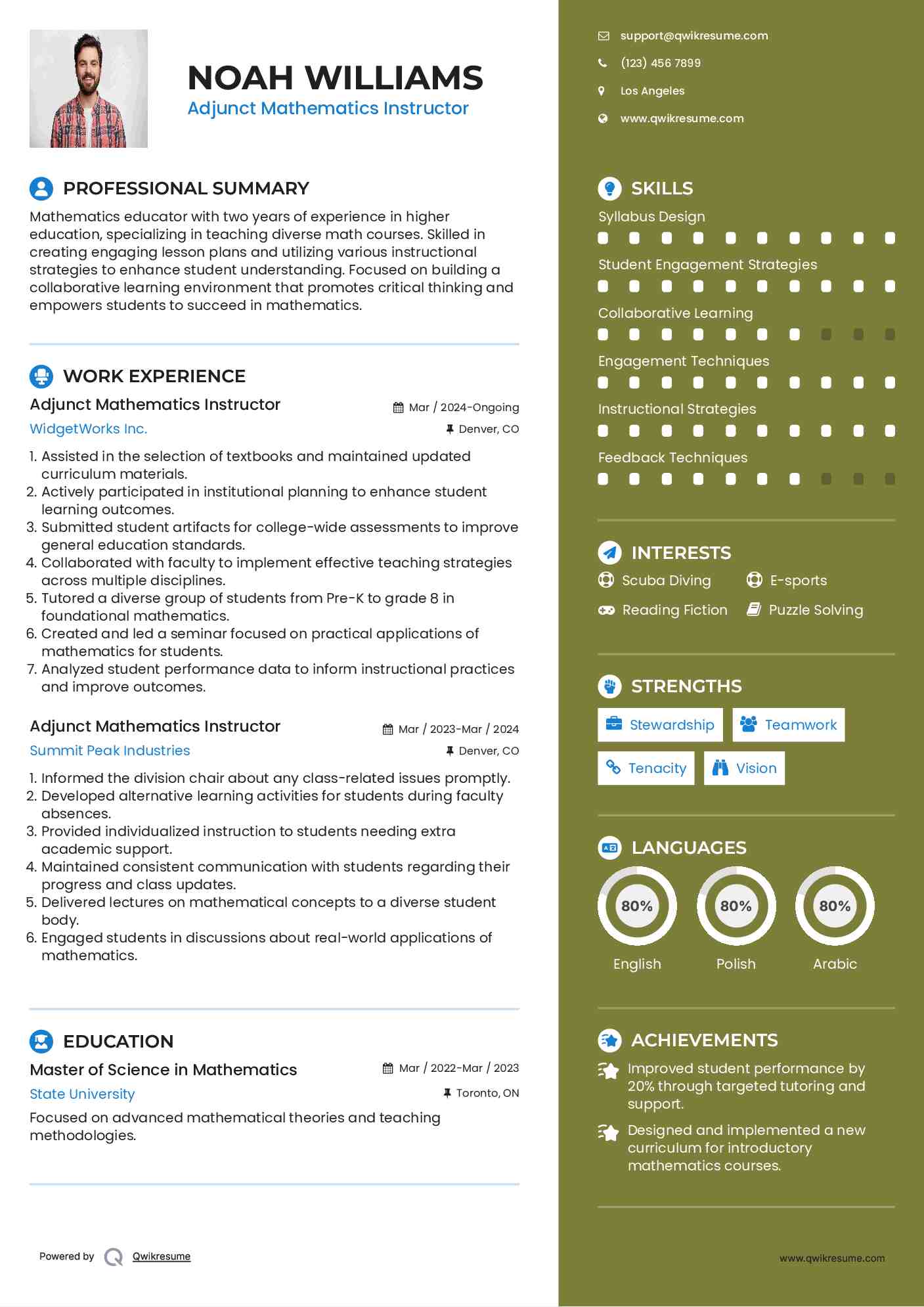 Adjunct Mathematics Instructor Resume Sample
