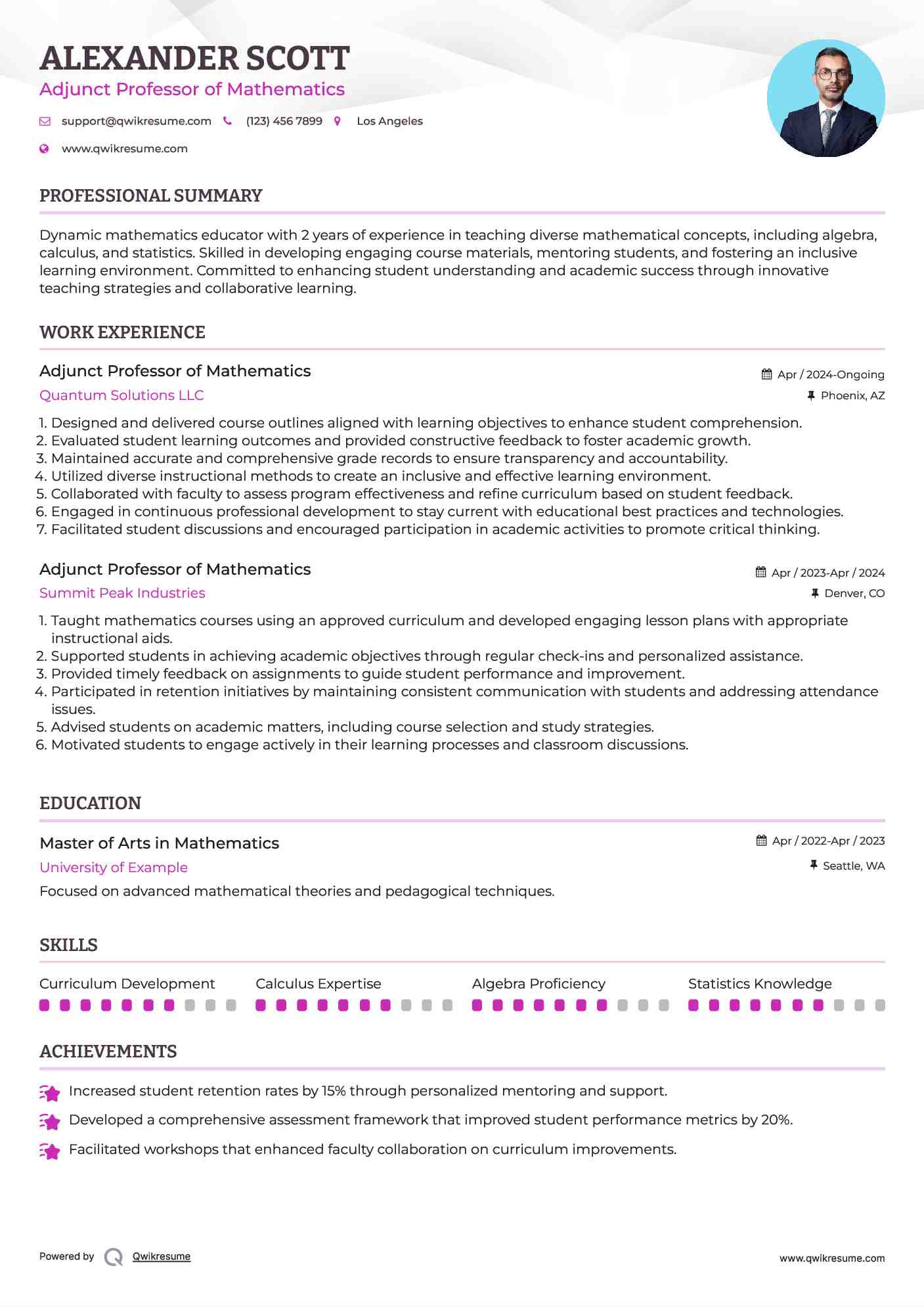Adjunct Professor of Mathematics Resume Template