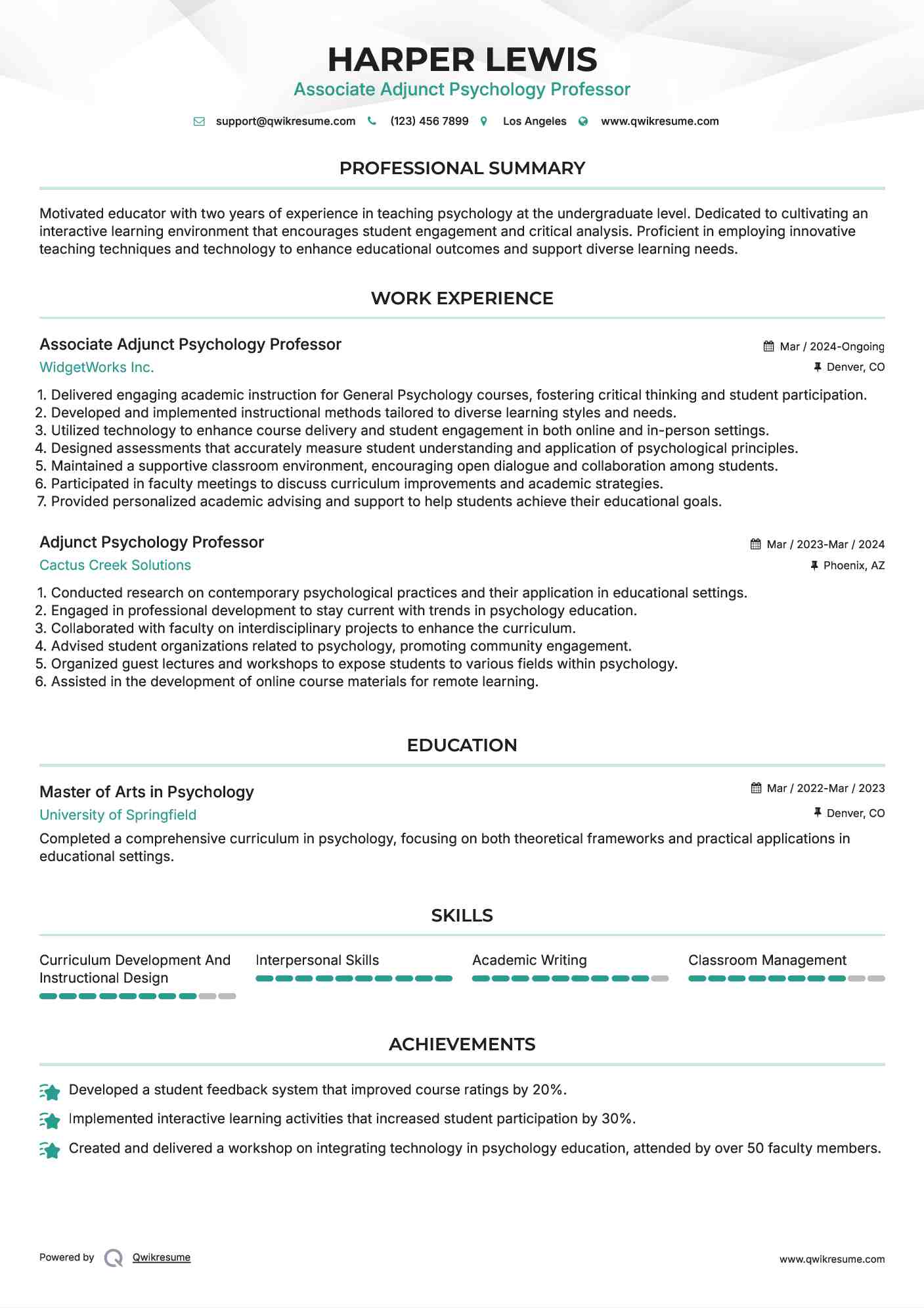 Associate Adjunct Psychology Professor Resume Model