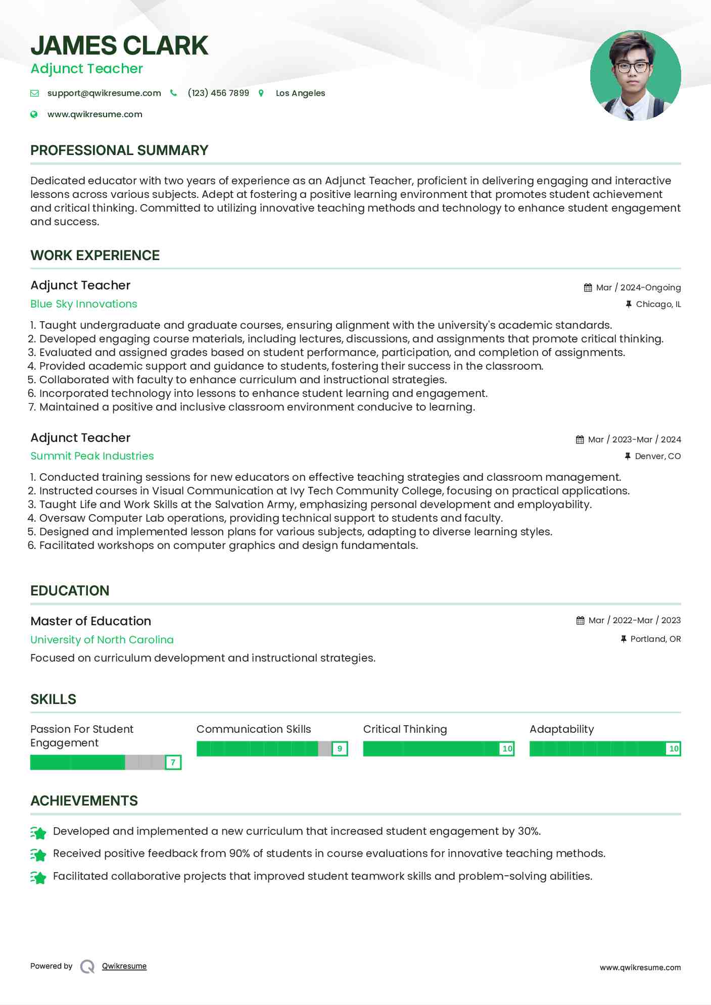 Adjunct Teacher Resume Format